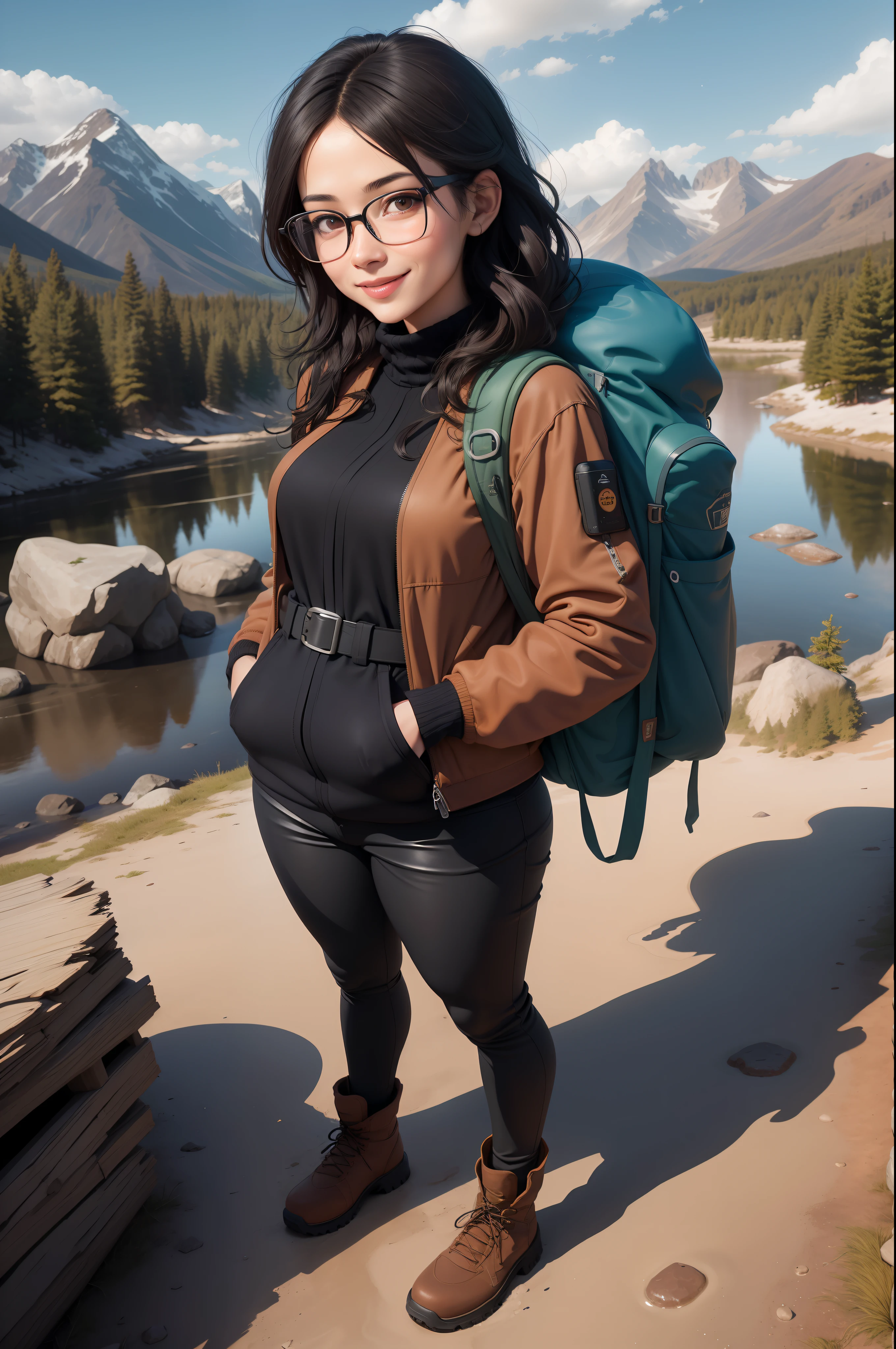 1 woman, black hair, ((full body, smiling, glasses,happy,)), masterpiece, best quality, perfect eyes, perfect hands, perfect legs, ultra-detailed, solo, outdoor, (day), mountains, nature, (stars, cloud) cheerful, happy, backpack, sleeping bag, camping stove, water bottle, mountain boots, gloves, sweater, flashlight, forest, stones, river, wood, smoke, shadows, contrast, skyporn, style, (warm hue,  warm tone: 1.2), close-up, cinematic light, side lighting, ultra high resolution, best shade, RAW, glued jumpsuit, wooden house