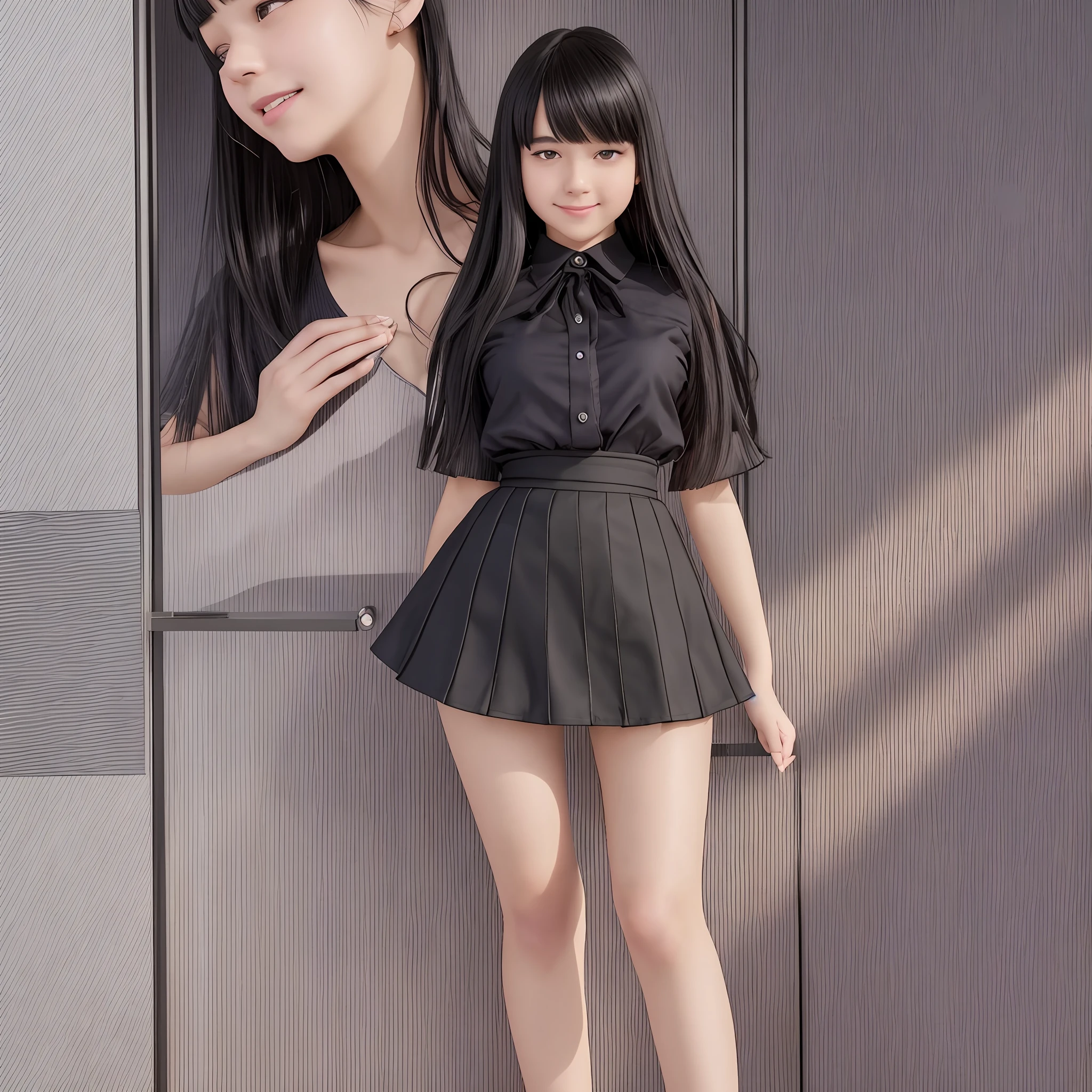 black hair,  girl, wearing blouse and short skirt, smelling, embarrassed, closed mouth, seductive smile, Surrealism, 8k, super detail, 16k, UHD, super detail, high details, high quality, best quality, 1080P, HD, full body display, colourful dress,, wearing high heels, full body display