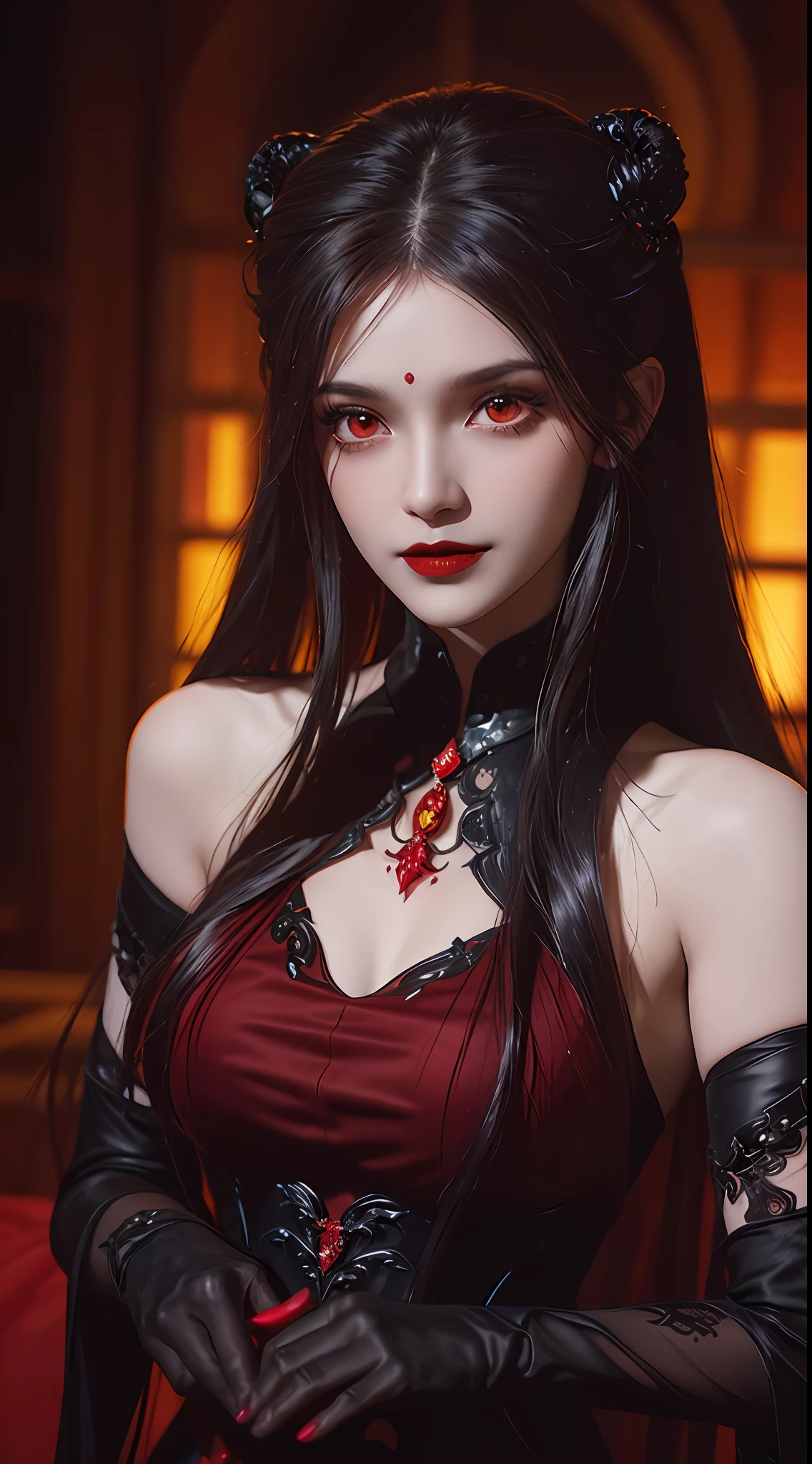 1 beautiful devil woman from hell, In the Dark: 1.6), surreal female portrait by David Hockney and Alphonse Mucha, fantasy art, korea doll, photorealism, dynamic lighting, artstation, poster, volumetric lighting, very detailed faces, 8k ultra, Awarded, in the dark, deep shadow, low key, cowboy lens, (Red phoenix dress: 1.4), long hair, black hair, bust, luxurious palace, Royal style, devil crown, red eyes make up very sharp and detailed, The most beautiful face, big and regular breasts, Super realistic, chinese women's clothing, polo neck sweater, Charming smile, The eyes are very well made up, guweiz, devil style, loong, wearing black mesh socks, 2 bangs braided hair, Red black lips, Devil tattoo on shoulder, wearing a thin red and black robe, the landscape is overcast and thunderous, (Portrait), Close-up of the main character, (Background details 1.8), Hugging the heroine,