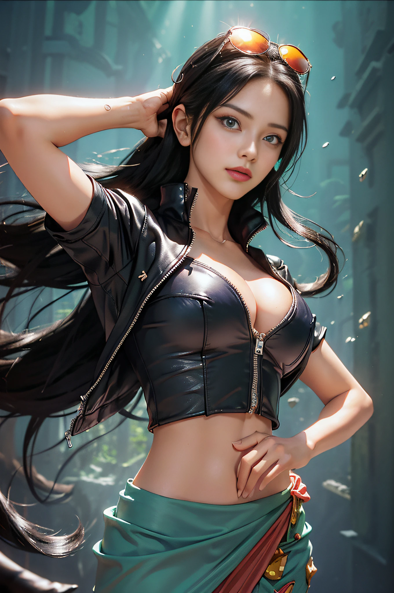 (((masterpiece+best quality+high resolution+ultra-detailed))), nico robin\(one piece\), long silky black hair, high nose, sharp eyes, noble and inviolable temperament, (([female]: 1.2 + [beauty]: 1.2 + black long hair: 1.2)), egypt scriptures background, (one piece), collared jacket, crop top, midriff, navel, sarong, short sleeves, eyewear on head, zipper, partially unzipped, cowboy shot, aqua eyes, dynamic angle and posture.