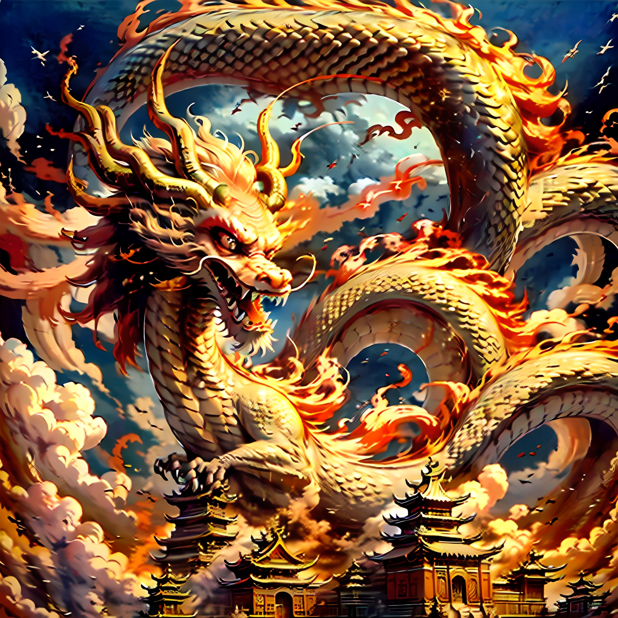 Best quality,masterpiece,ultra high res,nu no humans, (long:1.2),no humans, cloud, architecture, east asian architecture, red eyes, horns, open mouth, sky, fangs, eastern dragon, cloudy sky, teeth, flying, fire, bird, wings