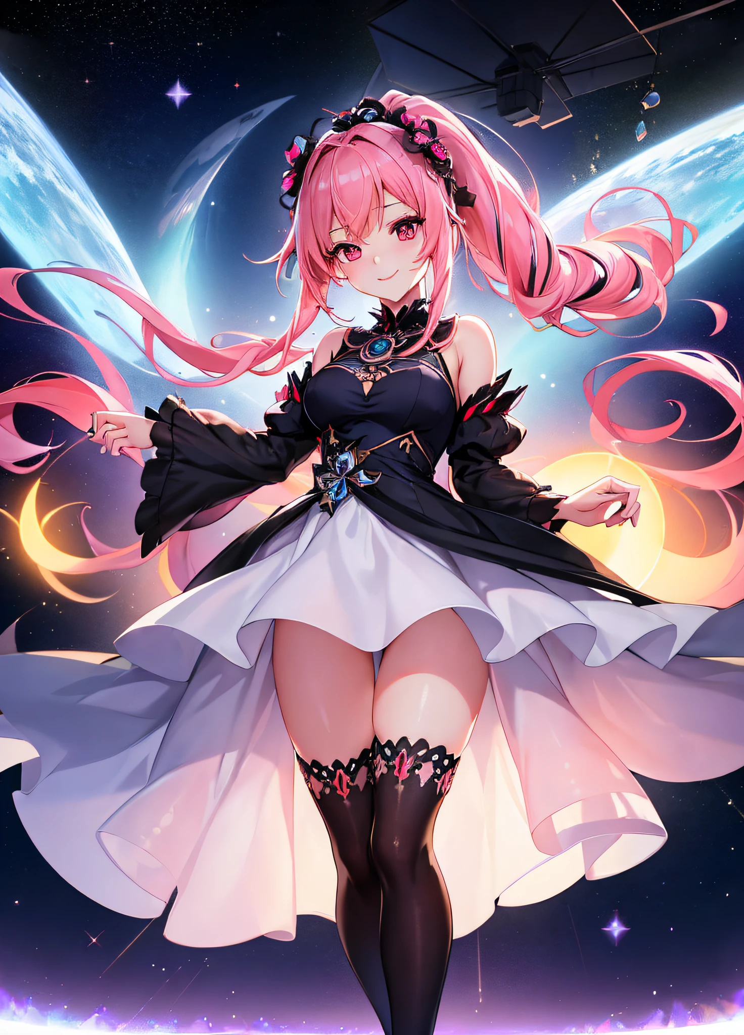 ((Masterpiece)), ((Best Image Quality)), Best Shadow, Very Delicate and Beautiful, Dynamic Angles, Fine Detail, Depth of Field, 1girl, ((High Ponytail)), [Blonde | Blue | Pink]_hair, ((Multicolored Hair: 1.25), (Long Hair: 1.2), (Red Eyes: 1.3), Detailed Hands, Detailed Legs, (Floating in the Air: 1.3)), (Sexy Pose), ( Goddess Dress:1.5), Full body, Seductive, Light smile, ((In space)), (Moonlight), Twinkling stars, Night, Outdoor, Starry sky, Beautiful, (Black Stockings))