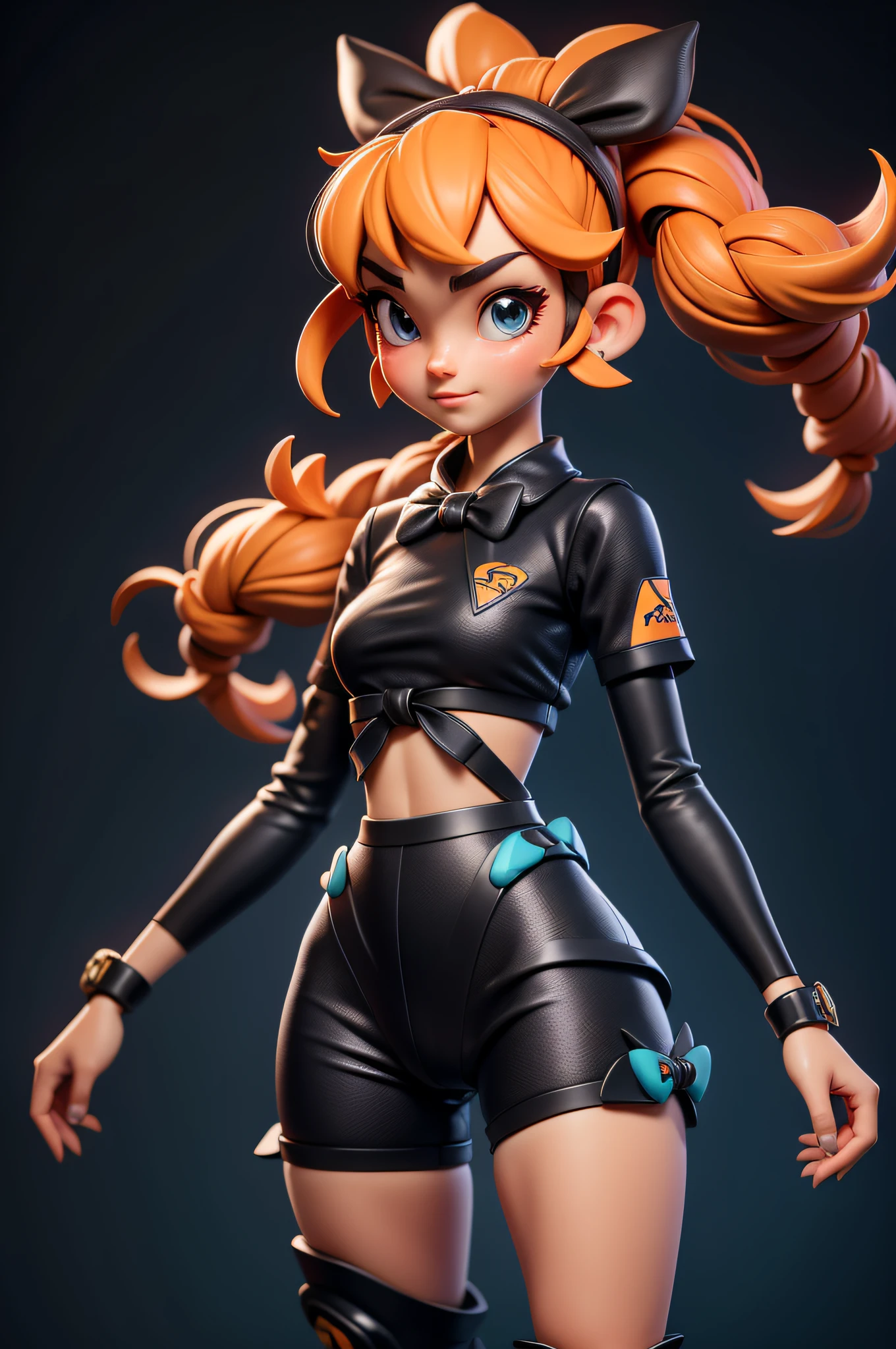 3dmm style, (masterpiece, best quality), intricate details, 1girl, solo, bea \(pokemon\), bow hairband, print shirt, tied shirt, black bodysuit, bodysuit under clothes, single glove, print shorts, knee pads, barefoot, cowboy shot, looking at viewer