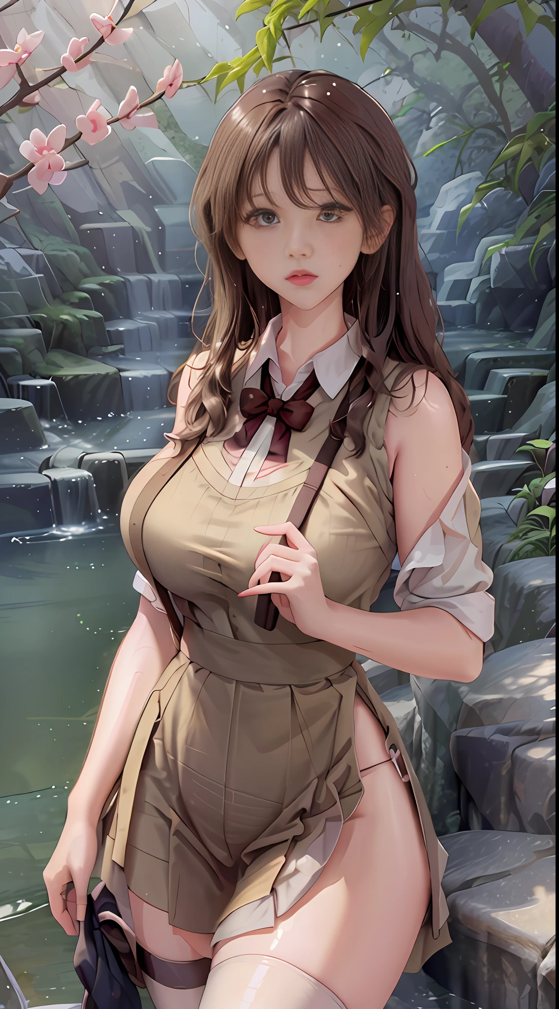 Best quality, masterpiece, super high resolution, a super model soaking in a hot spring in Japan, outdoor hot spring, stone hot spring, surrounded by moss and trees, super beautiful face, pure body, no makeup, pores are clearly visible, big breasts, wide buttocks, thin waist, (realism: 1.8), original photo, wet body, covered in sweat, bare shoulders, in the dark, deep shadow, low-key, cold light, long skirt, shirt, suspenders, stockings, yarn, tulle