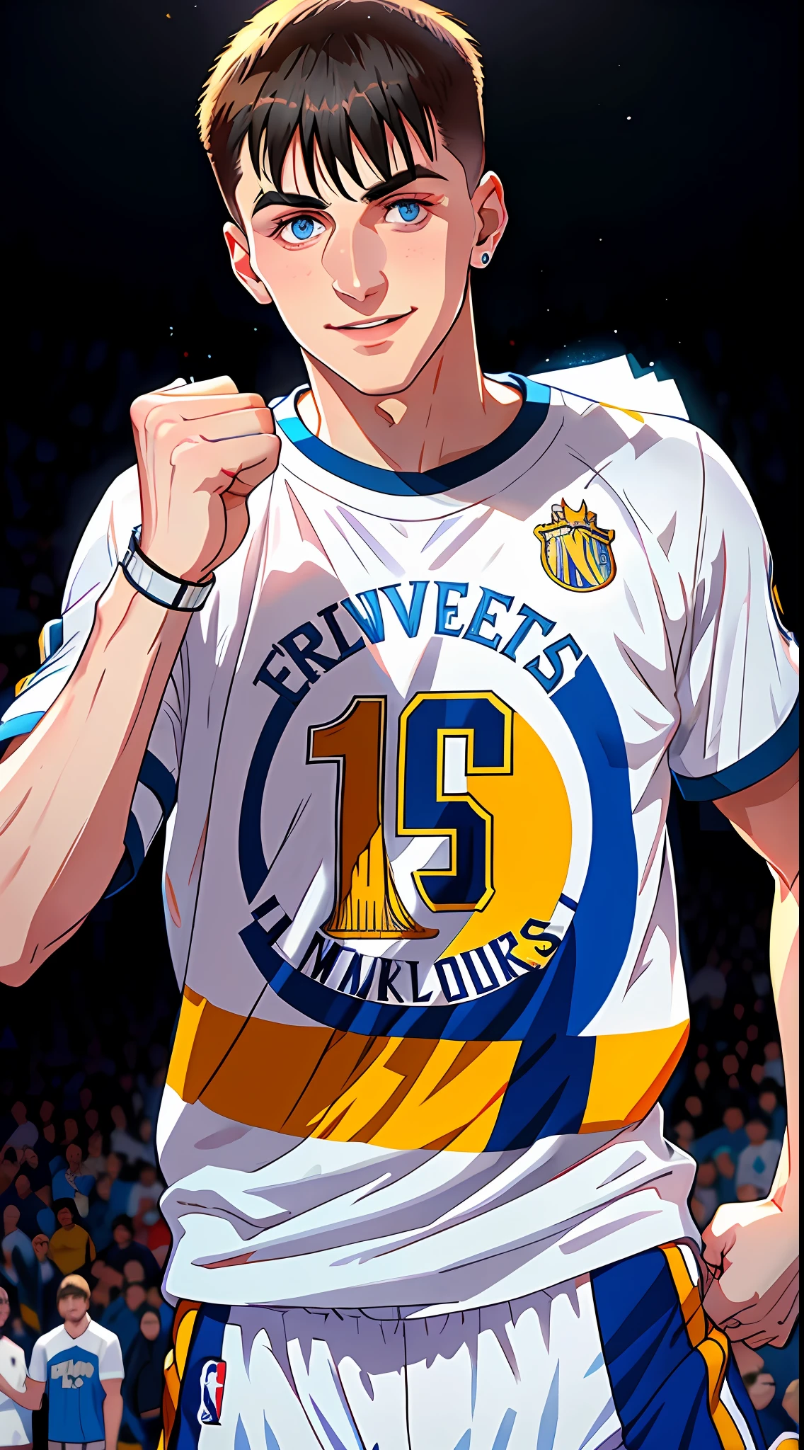 nikola jokic, portrait, showing closed fists with big ring MVP, NBA, white t-shirt, denver nuggets, anime high quality, 4k, smiling, number 15, showing ring, focus on ring on your fingers, ring on finger