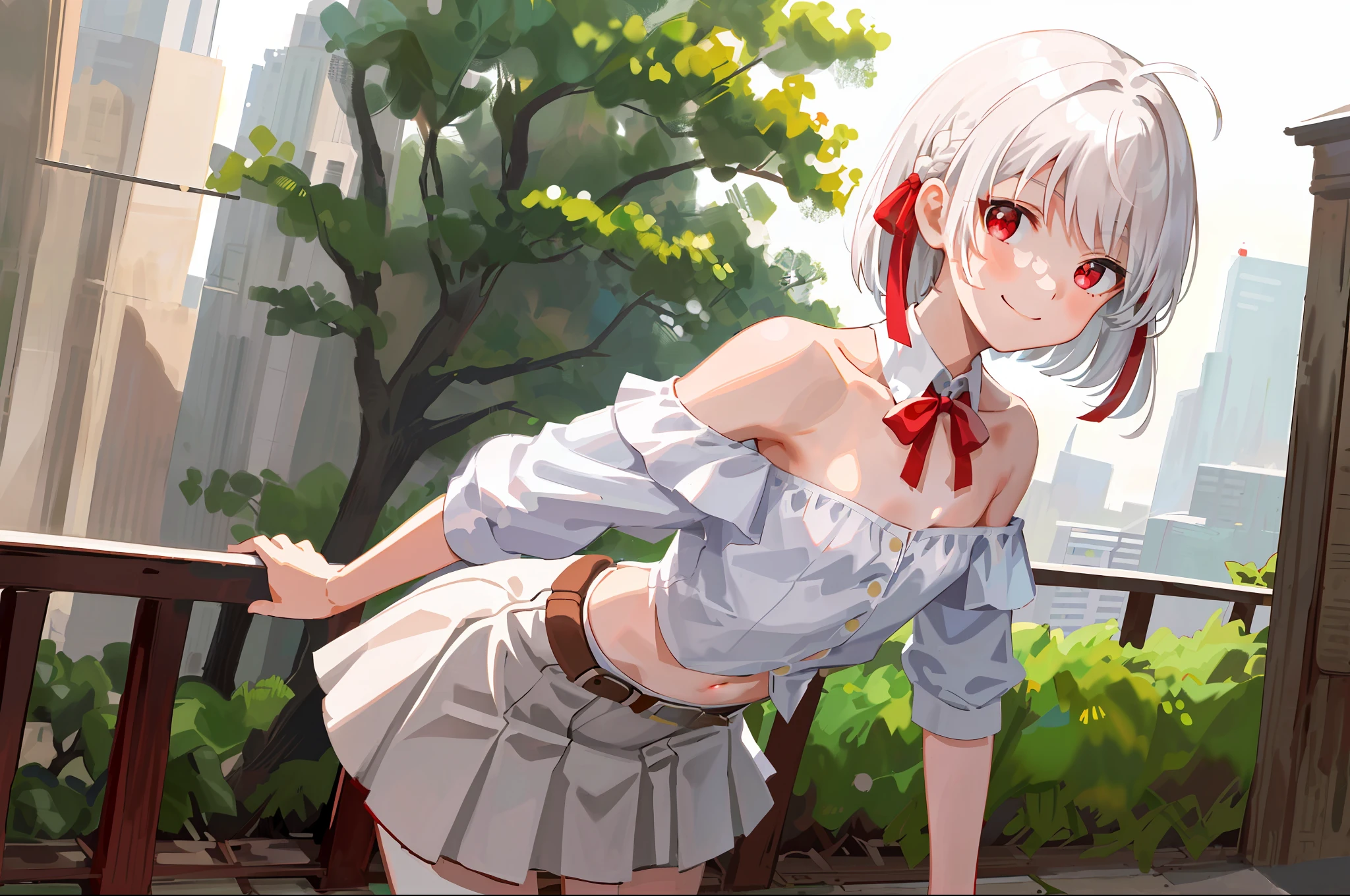 masterpiece, best quality,1girl, solo, bangs, left hair ribbon, (small breasts:1.4), red eyes, short hair, smile, solo, white hair, (Strapless:1.1), (off-the-shoulder:1.1), (cowboy shot:1.2), city, (uniform:1.2), (partially_unbuttoned:1.1), (Externally expanded Chest:1.2), skirt, (bent over:1.2),