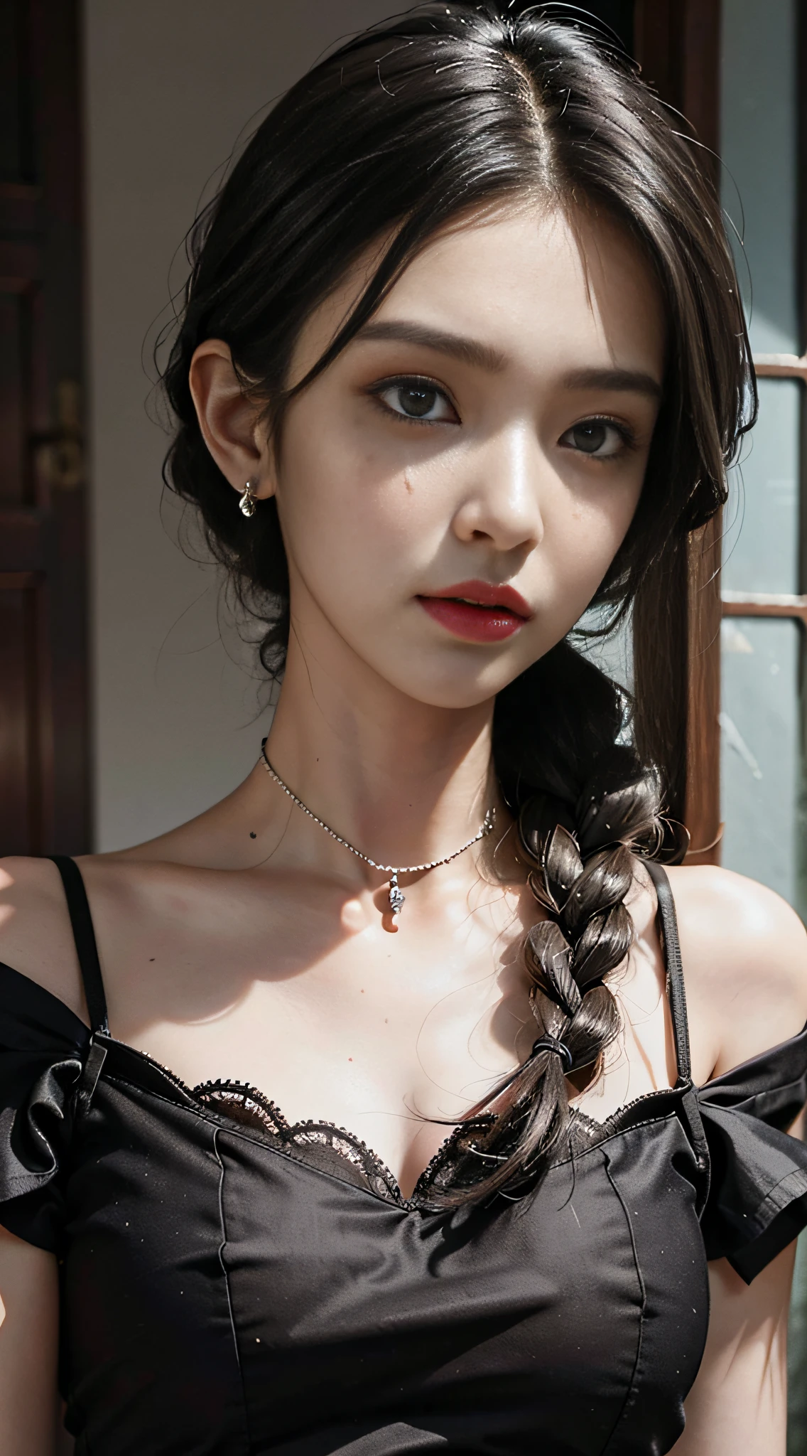 Best quality, masterpiece, antique bride, eerie, thriller, dim, dark, despair, pity, pitiful, movie, tears, teardrops, slim body, oversized bust, slim girl model, 24 year old female model,