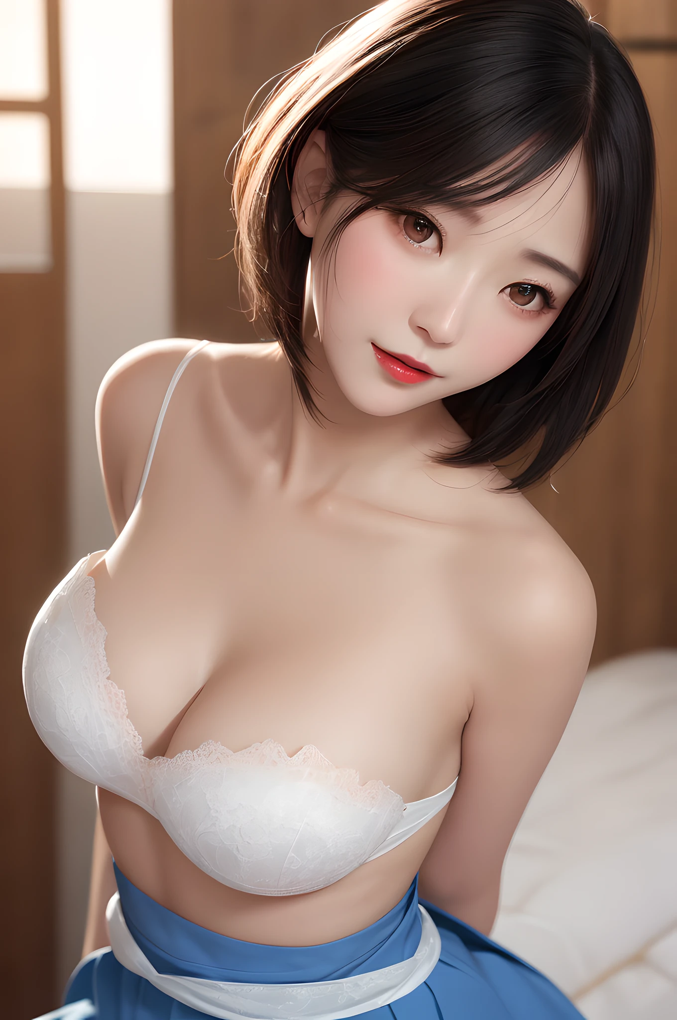A sexy and charming Japanese woman, elegant and intellectual, confident and generous, exquisite and beautiful face, exquisite collarbone, charming fragrant shoulders, low-cut sky blue wrap skirt without suspenders, full body photo, body facing the front, beautiful and exquisite pretty face, peach Red lips, fragrant shoulders slightly exposed, breasts looming, focus on the face, seductive and delicate collarbone, ultra-high resolution, tender and smooth skin, very realistic details, bokeh, Bright Background, ultra-high-definition, outstanding details, 8K, blushing face, Attractive collarbone, sexy shoulders,one person,bob hair, short hair,smile,