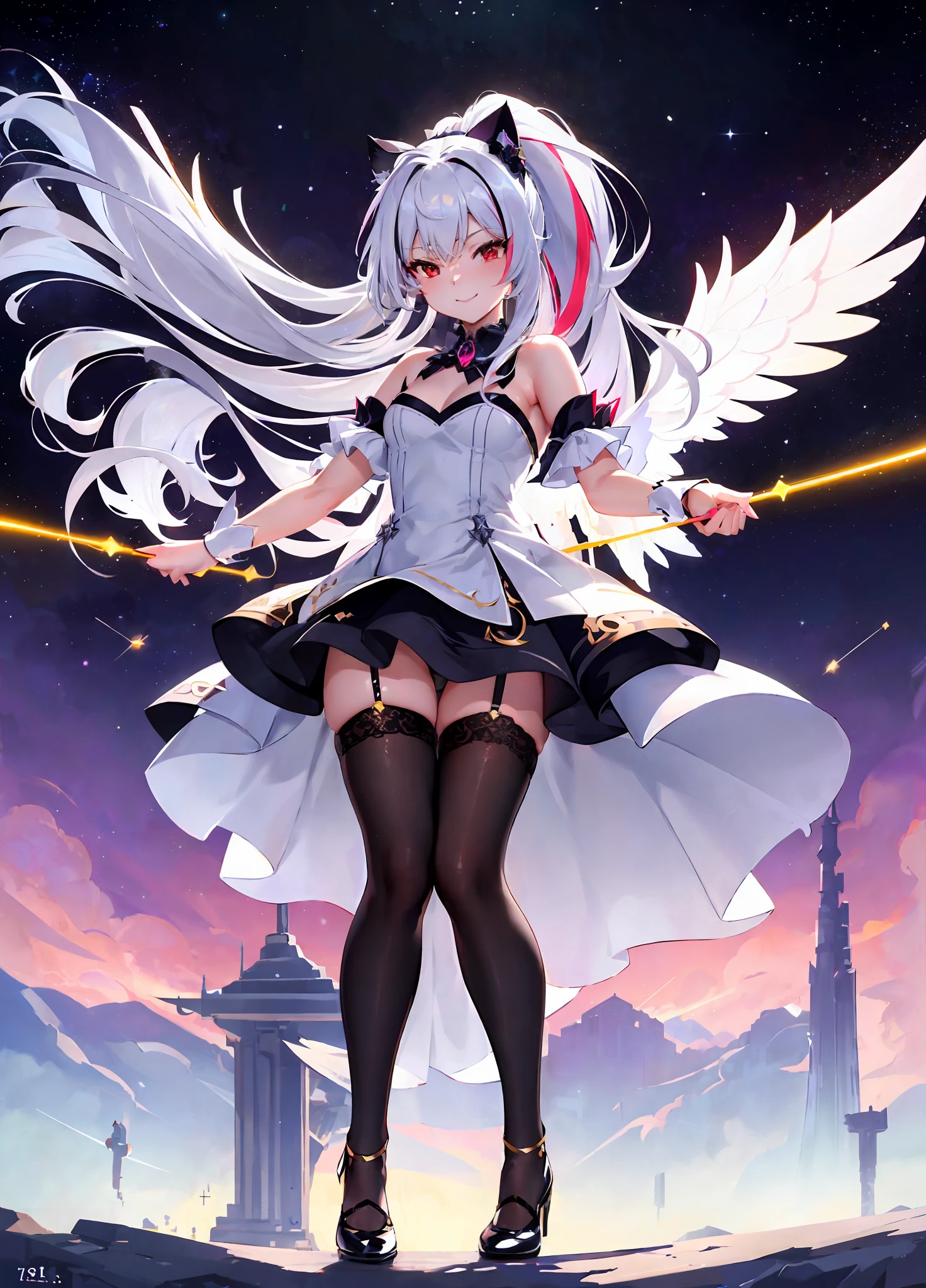 ((Masterpiece)), ((Best Image Quality)), Best Shadow, Very Delicate and Beautiful, Dynamic Angles, Fineness of Detail, Depth of Field, 1girl, ((High Ponytail)), Silver _hair, ((Multicolored Hair: 1.25), (Long Hair: 1.2), (Red Eyes: 1.3), Detailed Hands, Detailed Legs, ((Floating in the Air: 1.3)), (Sexy Pose), (Goddess Dress: 1.5), full body, seductive, (cat ears), light smile, ((in space)), (moonlight), twinkling stars, night, outdoor, starry sky, beautiful, ((black stockings)), angel wings