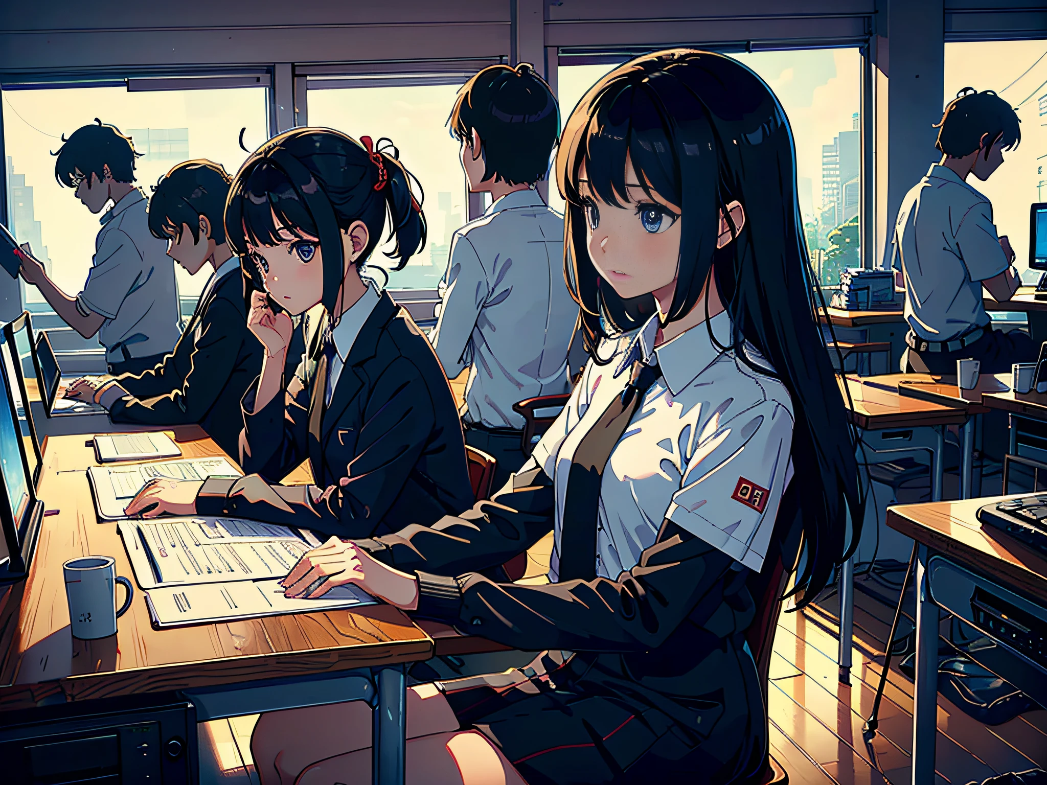 At nine o'clock in the morning, big office, computer office, there are multiple teachers looking at the computer screen, these teachers are wearing formal clothes, one teacher is looking at the camera, the rest of the teachers are looking at the screen, all teachers are wearing short-sleeved shirts, sitting in front of the computer and looking at the computer screen, the computer desk has a mouse, the computer desk has a keyboard, the computer desk has a document, the computer desk has a pen, these teachers look at the screen, the background of the lens is the reading room, the camera looks at the teachers, the lens is mainly characterized by the upper body, in the Loepfe art style ((Xinhai City), Popular in CGStation, Xinhaicheng H 2160, inspired by the style of Bian Shoumin, Xinhaicheng, Kavasi, Guwitz, high quality pictures, 4K, 8K, resolution, -auto-s2