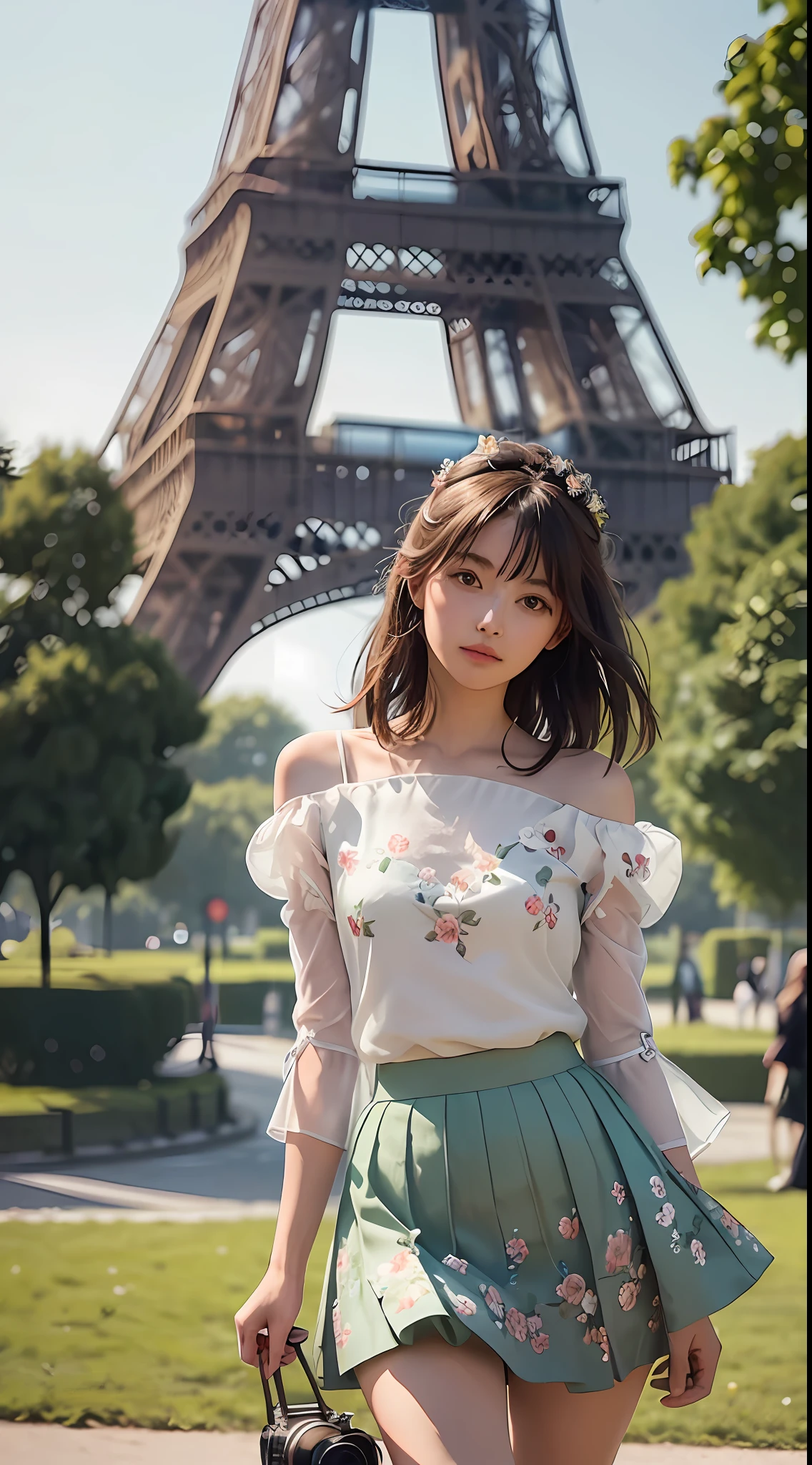 Girl with delicate facial features, one-sleeved top with floral skirt, open legs, Canon camera, traveling in the city of Paris, France, Arafis in the park can see the Eiffel Tower in the middle, vast meadow, green plants on both sides, real photo stereoscopic shadow, depth of field, dreamy, bokeh, Gaussian blur