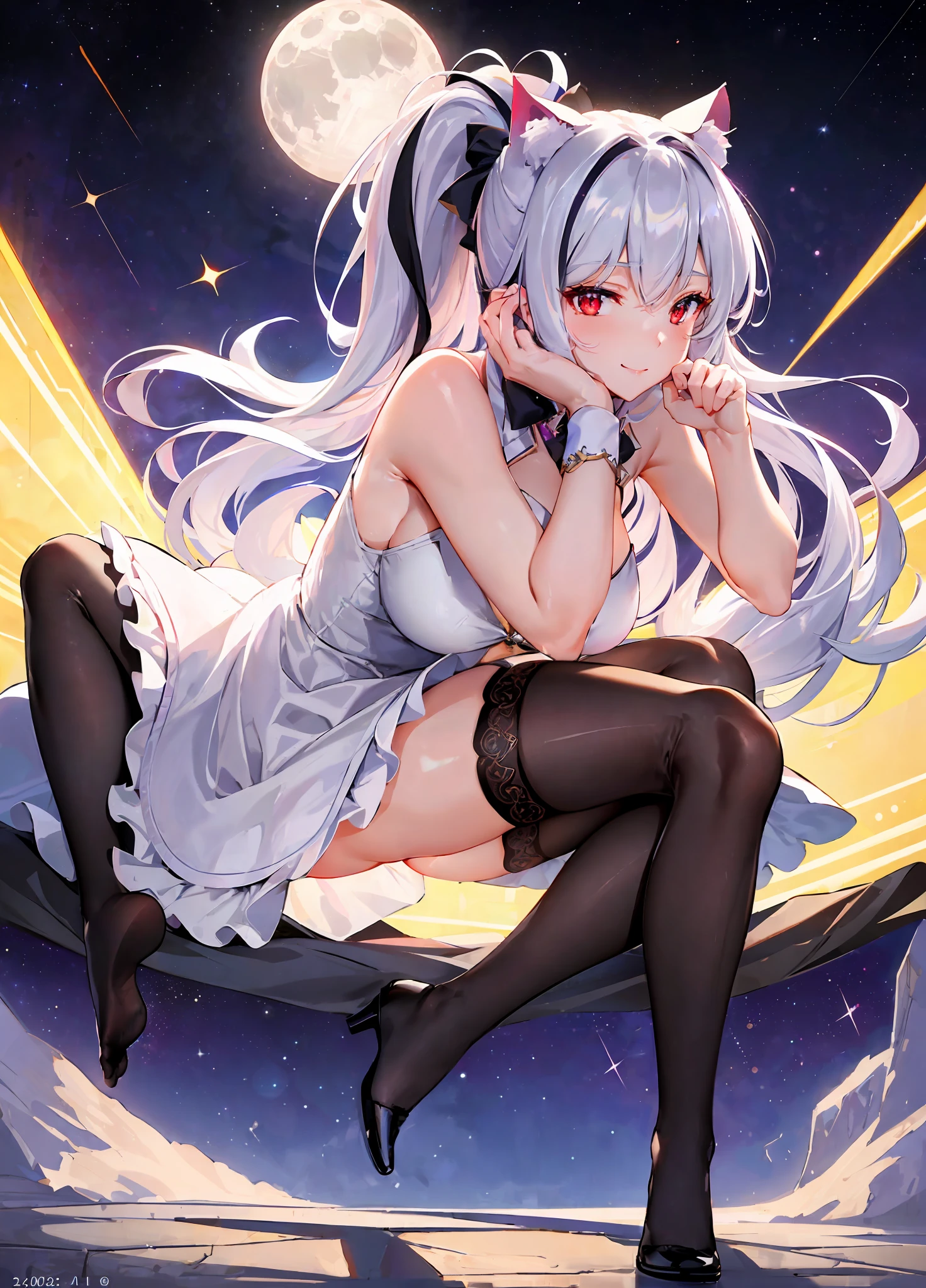 ((Masterpiece)), ((Best Image Quality)), Best Shadow, Very Delicate and Beautiful, Dynamic Angles, Fineness of Detail, Depth of Field, 1girl, ((High Ponytail)), Silver _hair, ((Multicolored Hair: 1.25), (Long Hair: 1.2), (Red Eyes: 1.3), Detailed Hands, Detailed Legs, ((Floating in the Air: 1.3)), (Sexy Pose), (Goddess Dress: 1.5), full body, seductive, (cat ears), light smile, ((in space)), (moonlight), twinkling stars, night, outdoor, starry sky, beautiful, ((black stockings)), angel wings