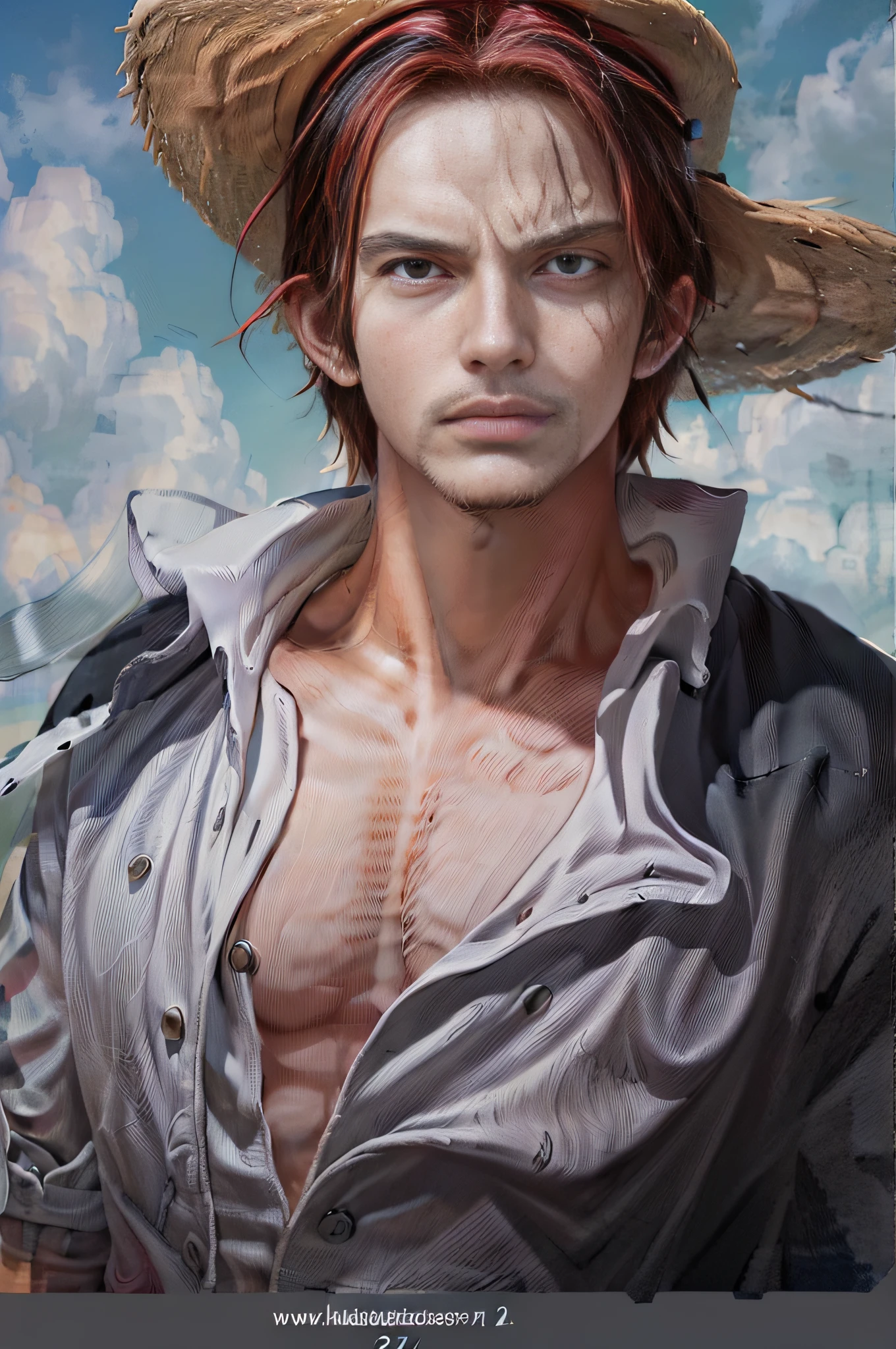 (((masterpiece+best quality+high resolution+ultra-detailed))), shanks\(one piece\), high nose, sharp eyes, noble and inviolable temperament, (([male]: 1.2 + [handsome]: 1.2 + black hair: 1.2)), fire background, (one piece),  red hair, straw hat, scar on face, dynamic angle and posture.