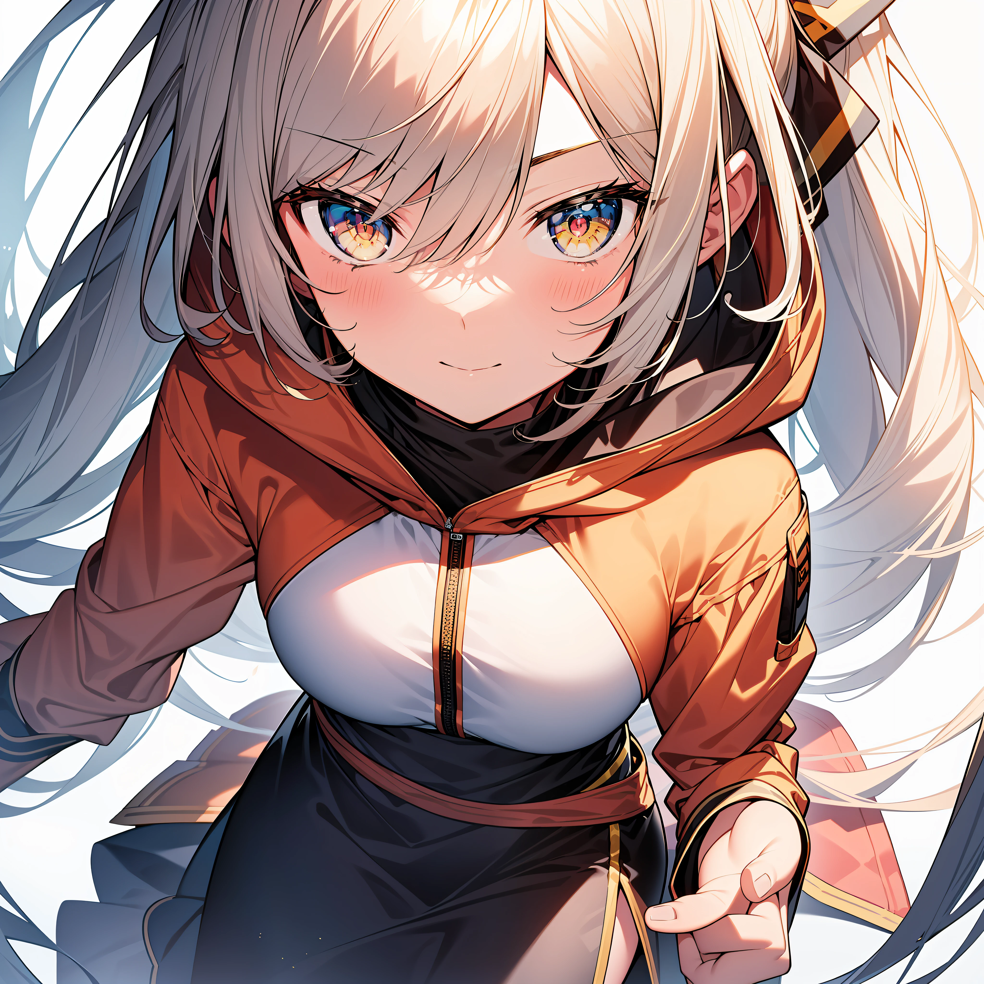 Top Quality, Masterpiece, High Resolution, 8k, Hoodie and Anime Style Girl, One Girl, Detailed Line Art, Bright White and Bright Amber Style, Digital Enhancement, Close Up, Anime Core, Flowing Fabric