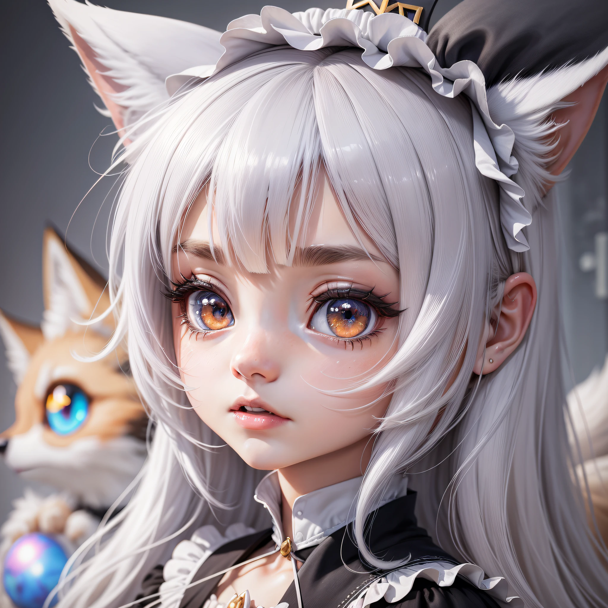 Wallpaper, phone wallpaper, Daily wallpaper, Q version, Anime hand-drawn, anime characters, Three heads, white hair, maid headdress, wide eyes, fox ears, bright pupils, anime, blind box toy style, perspective, Eye-Level Shot, UHD, retina, masterpiece, ccurate, textured skin, super detail, best quality, highres, HD, 4K, 8k