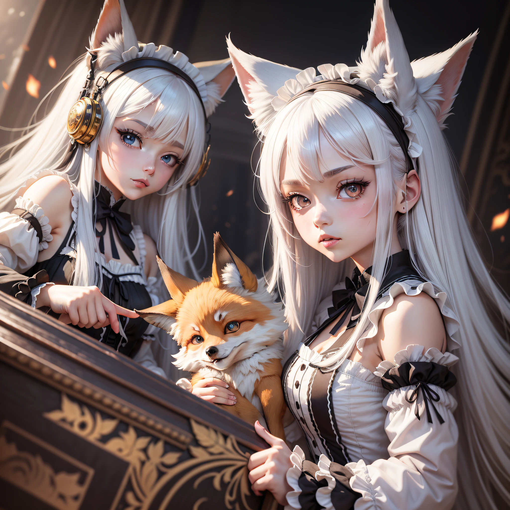 Wallpaper, phone wallpaper, Daily wallpaper, Q version, Anime hand-drawn, anime characters, Three heads, white hair, maid headdress, wide eyes, fox ears, bright pupils, anime, blind box toy style, perspective, Eye-Level Shot, UHD, retina, masterpiece, ccurate, textured skin, super detail, best quality, highres, HD, 4K, 8k