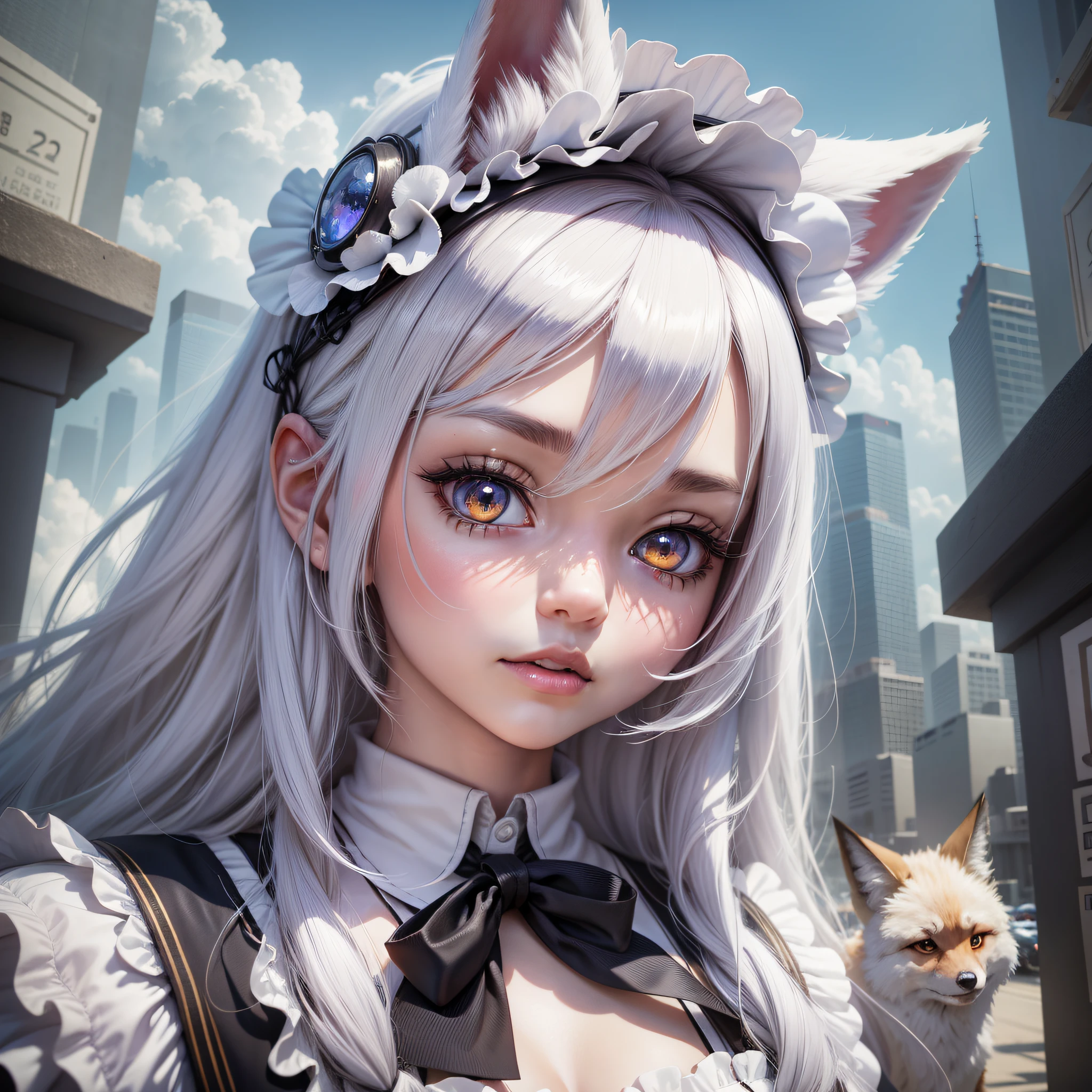 Wallpaper, phone wallpaper, Daily wallpaper, Q version, Anime hand-drawn, anime characters, Three heads, white hair, maid headdress, wide eyes, fox ears, bright pupils, anime, blind box toy style, perspective, Eye-Level Shot, UHD, retina, masterpiece, ccurate, textured skin, super detail, best quality, highres, HD, 4K, 8k