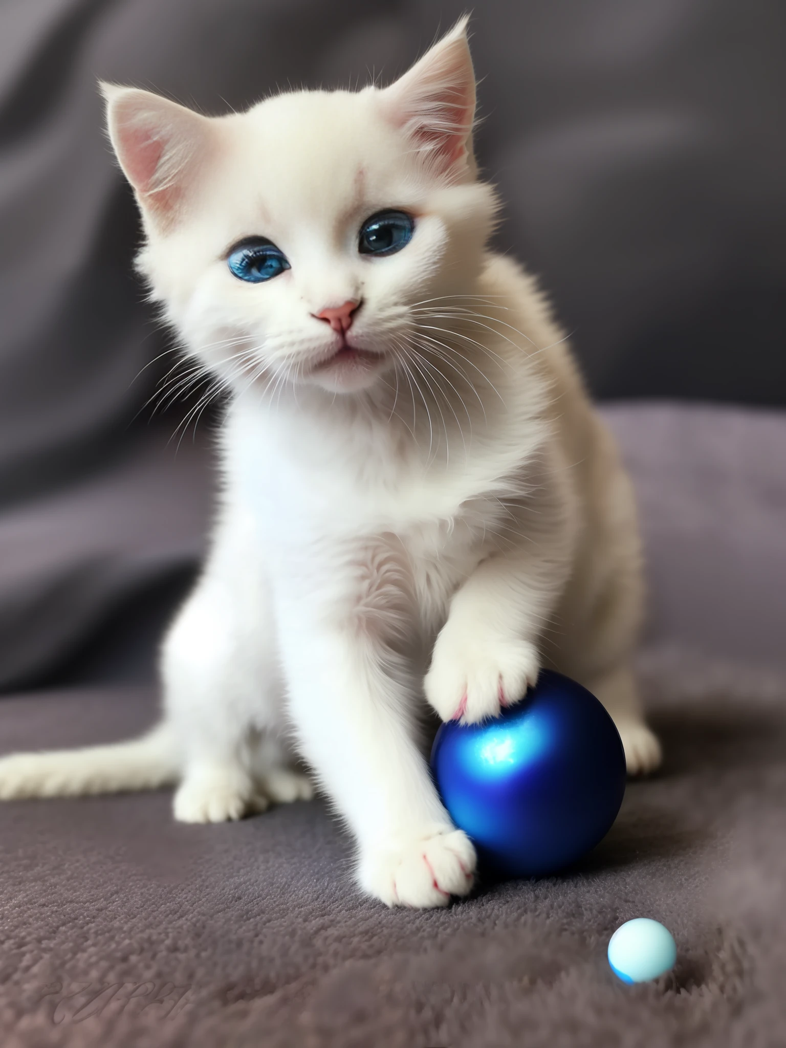 A cute white kitten playing with an iridescent ball on a blue round rug, high definition, amazingly detailed, intricate, elegant, 4k ultra detailed, cinematic sensual, masterpiece, colors, surreal, vibrant colors, Intricate, High Detail, Realistic, Symmetry, Volumetric Light, Beautiful, Rich Dark Colors, Masterpiece