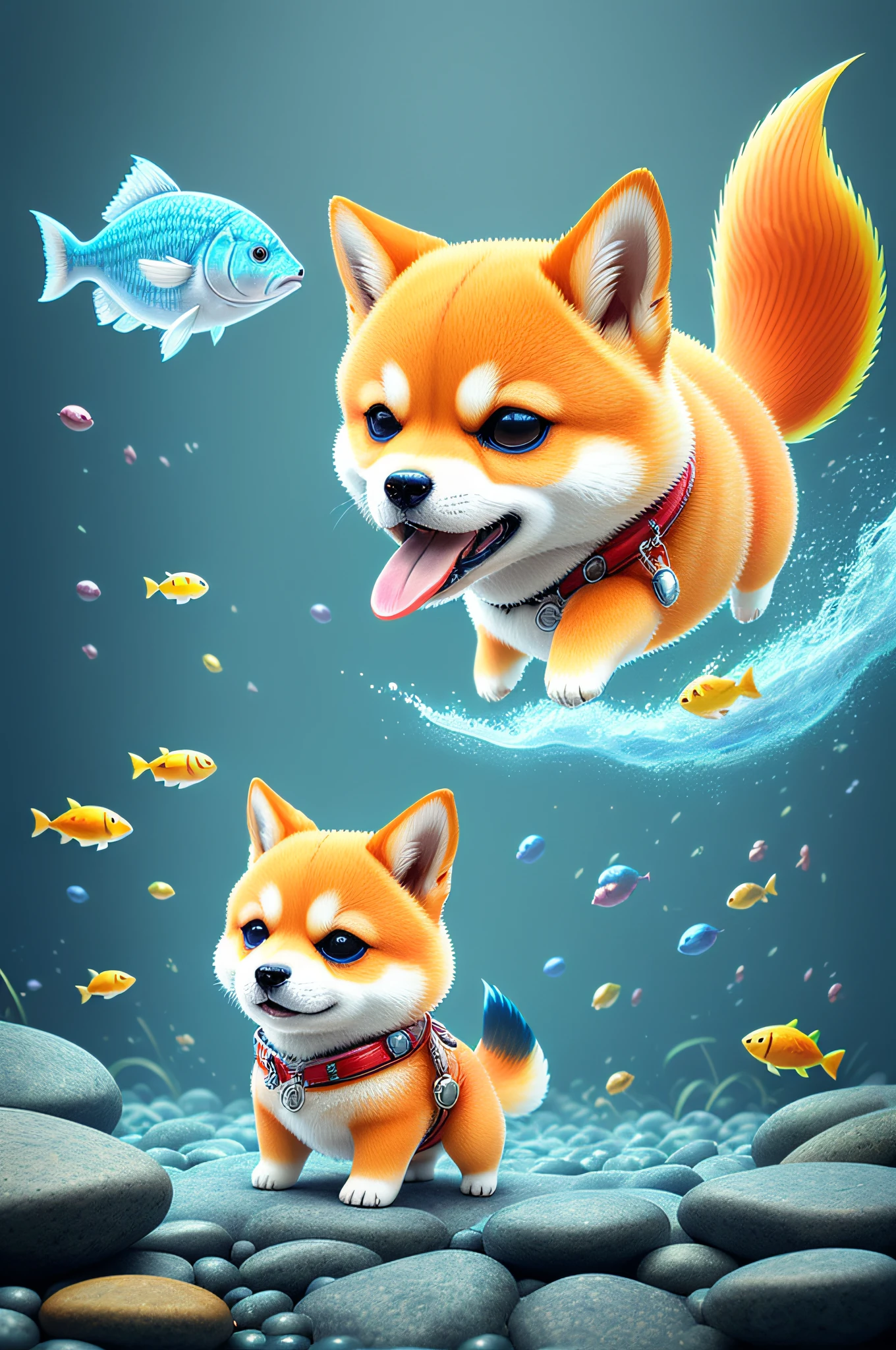 (cbzbb: 1.25), illustration portrait of cute Shiba Inu, art station, CGI_Animation, clothes with (Fish) characters printed on them, Fish, Fish, Fish,