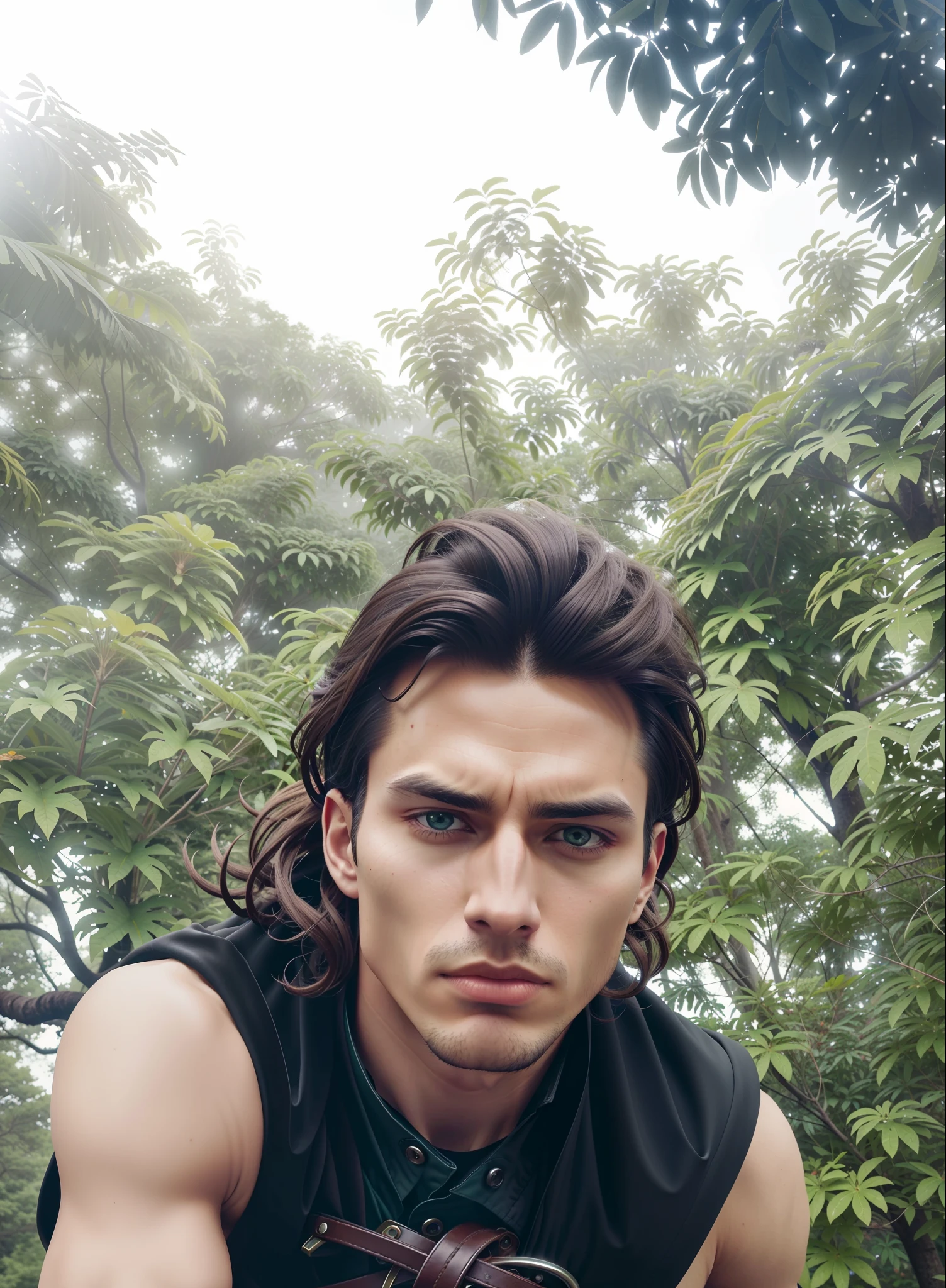 style, half-body photo, strong cowboy god, smooth skin, beautiful, lush background, sad, brown hair, medium size hair, wavy hair, black eyes, elegant black long coat, detailed eyes, looking at camera, male, atmospheric lighting, 4k UHD, dark vibrations, hyper detailed, vibrant colors, epic composition, sharp focus