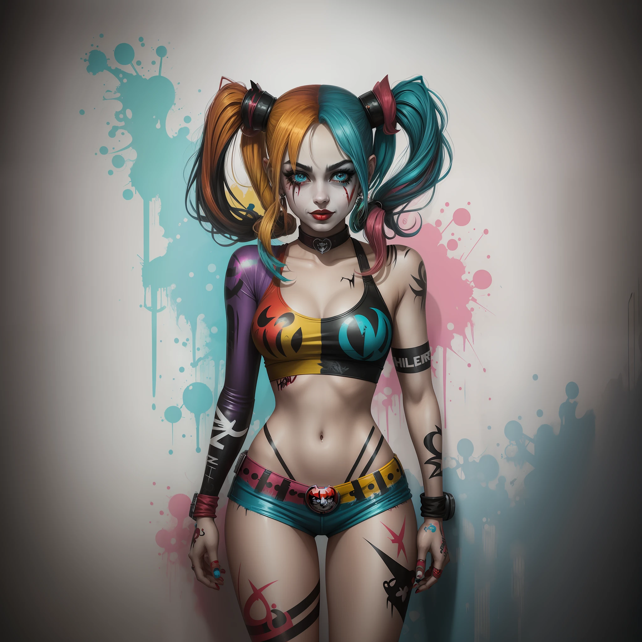 an image of harley quinn in graffiti style, full-length street art