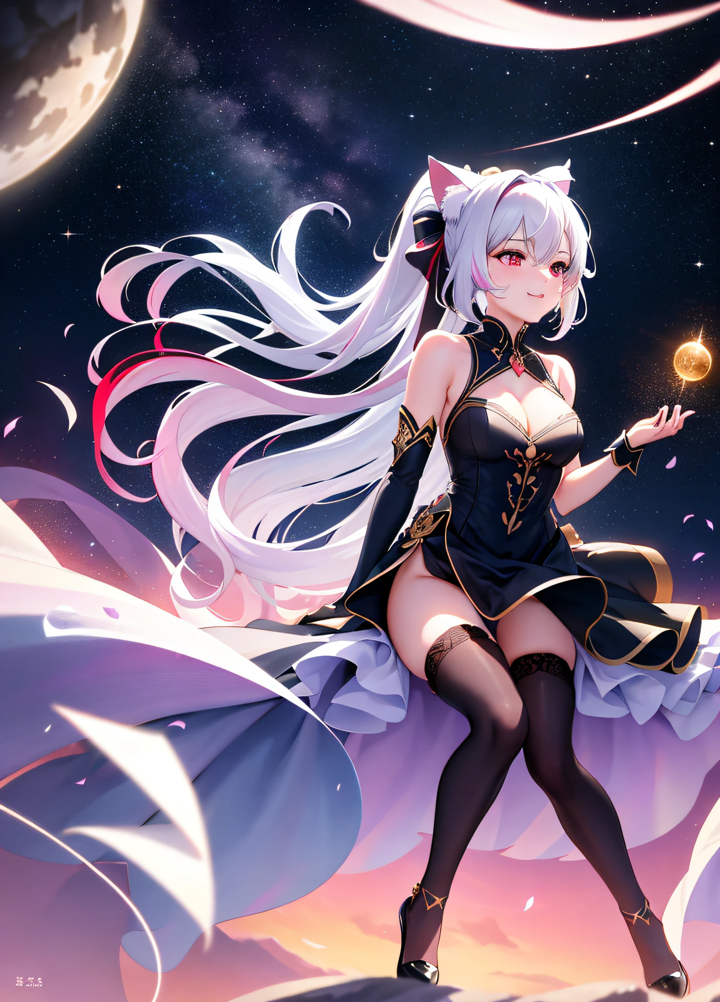 ((Masterpiece)), ((Best Picture)), Best Shadow, Very Delicate and Beautiful, Dynamic Angles, Fineness of Detail, Depth of Field, 1girl, ((High Ponytail)), Silver _hair, ((Multicolored Hair: 1.25), (Long Hair: 1.2), (Red Eyes: 1.3), Detailed Hands, Detailed Legs, (Floating in the Air: 1.3)), (Dynamic Pose), (Goddess Dress: 1.5) (in space)), full body, seductive, (cat ears), light smile, (in space)), (moonlight), twinkling stars, night, outdoor, starry sky, beautiful, angel wings ((black stockings))