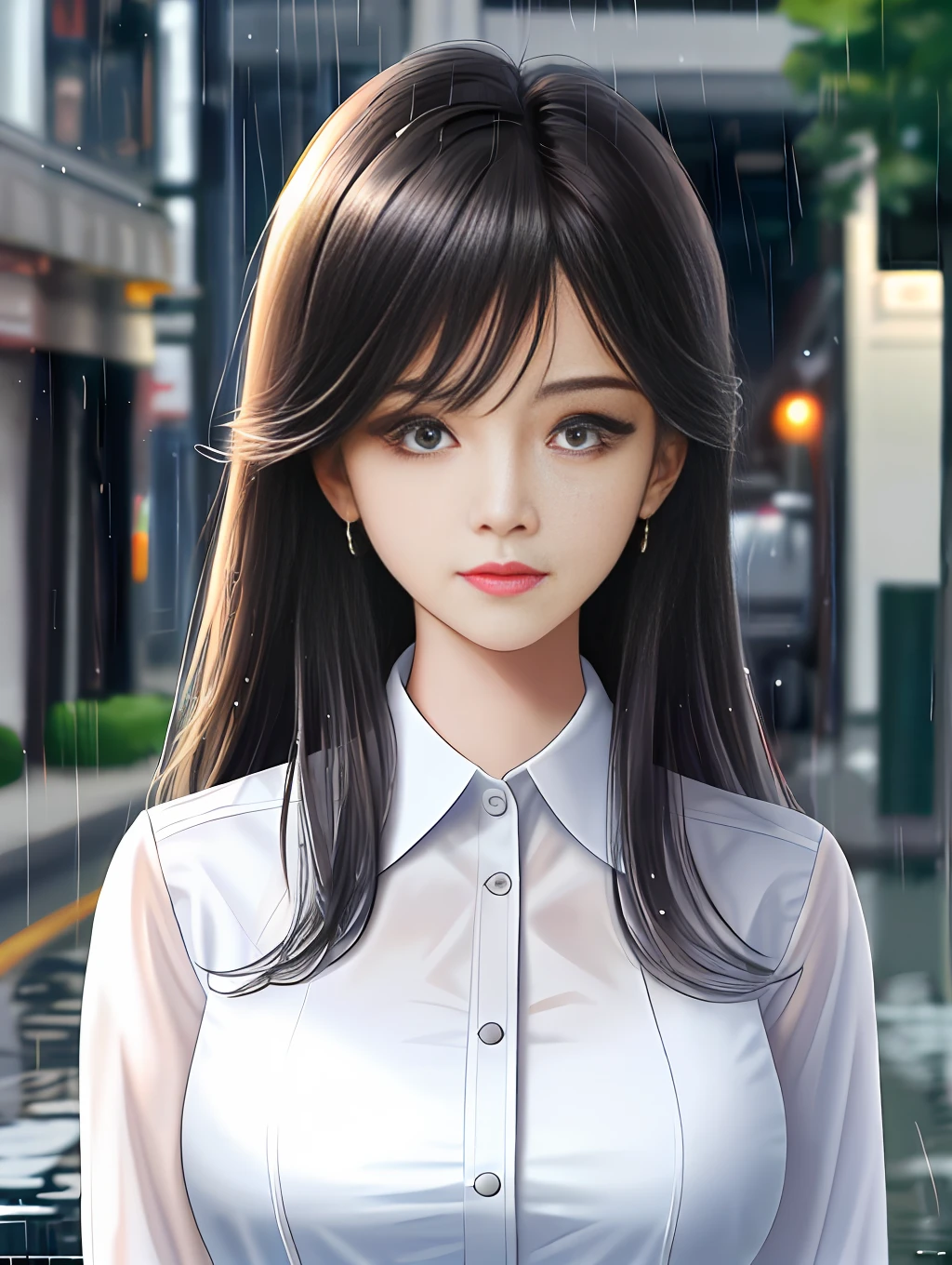 ((Best Quality, 8K, Masterpiece: 1.3)), Sharp: 1.2, Perfect Body Beauty: 1.4, Slim Abs: 1.2, ((Layered Hairstyle, Big Breasts: 1.2)), (Wet White Button Long Shirt: 1.1), (Rain, Street: 1.2), Wet: 1.5, Highly detailed face and skin texture, detailed eyes, double eyelids, side face looking at the camera