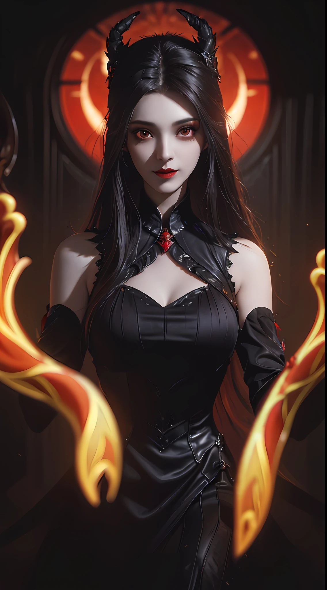 1 beautiful devil woman from hell, In the Dark: 1.6), surreal female portrait by David Hockney and Alphonse Mucha, fantasy art, korea doll, photorealism, dynamic lighting, artstation, poster, volumetric lighting, very detailed faces, 8k ultra, Awarded, in the dark, deep shadow, low key, cowboy lens, (Red phoenix dress: 1.4), long hair, black hair, bust, luxurious palace, Royal style, devil  crown, red eyes make up very sharp and detailed, The most beautiful face, big and regular breasts, Super realistic, chinese women's clothing, polo neck sweater, Charming smile, The eyes are very well made up, guweiz, devil style, loong, wearing black mesh socks, 2 bangs braided hair, Red black lips, Devil tattoo on shoulder, wearing a thin red and black robe, the landscape is overcast and thunderous, (Portrait), Close-up of the main character, (Background details 1.8), Hugging the heroine,