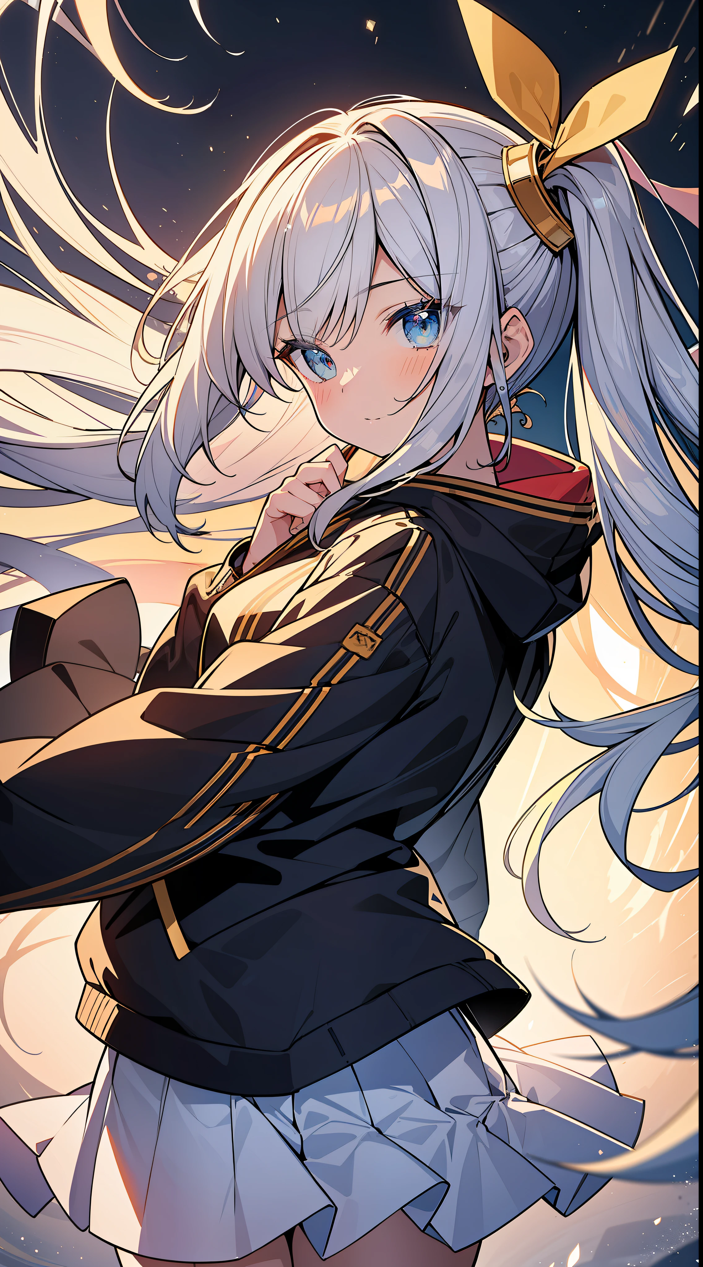 Top Quality, Masterpiece, High Resolution, 8k, Hoodie and Anime Style Girl, One Girl, Detailed Line Art, Bright White and Bright Amber Style, Digital Enhancement, Close Up, Anime Core, Flowing Fabric