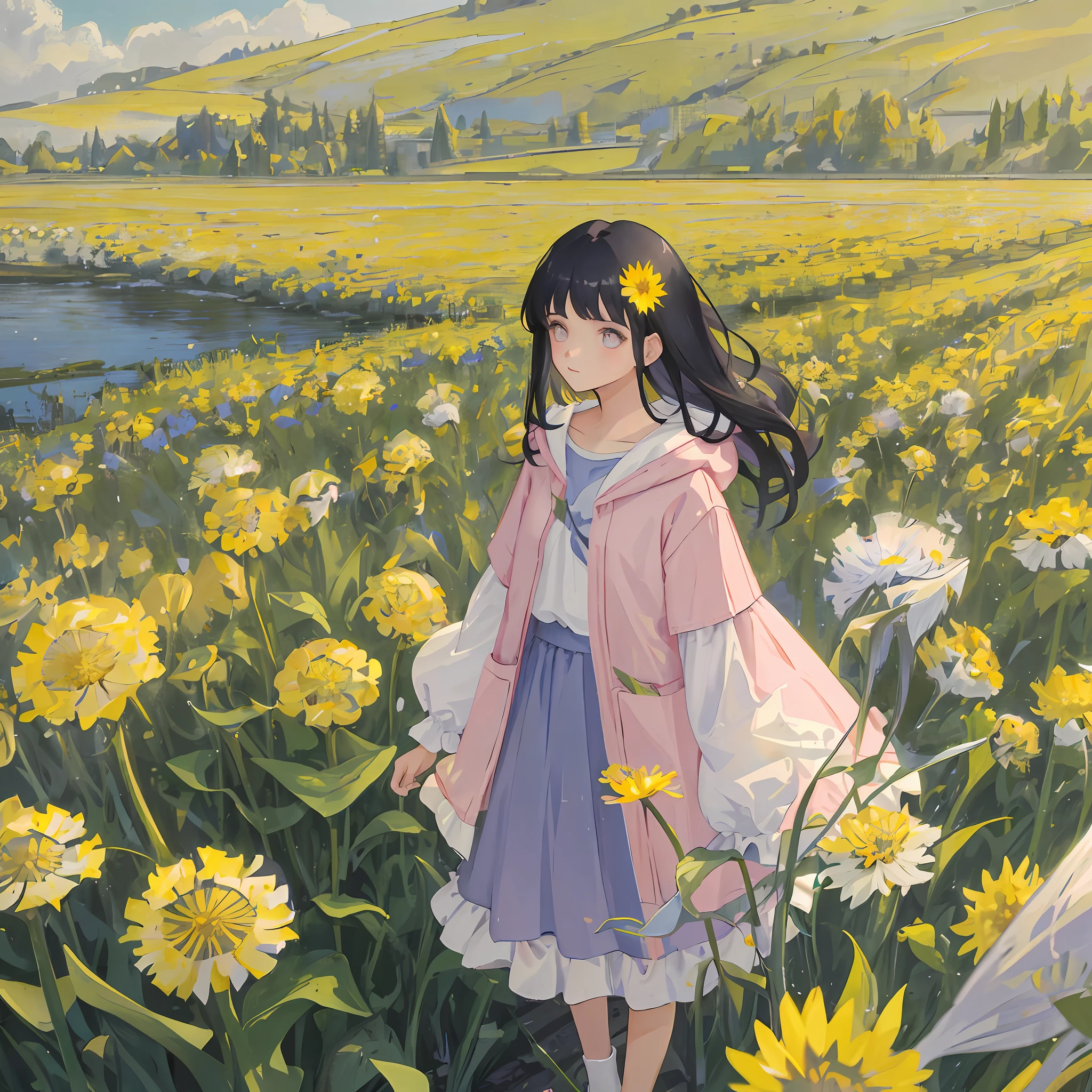 Masterpiece, best quality, a girl with very long dark blue hair, soft pink clothes, looking at a girl that is standing far far away from her in a dandelion flower field