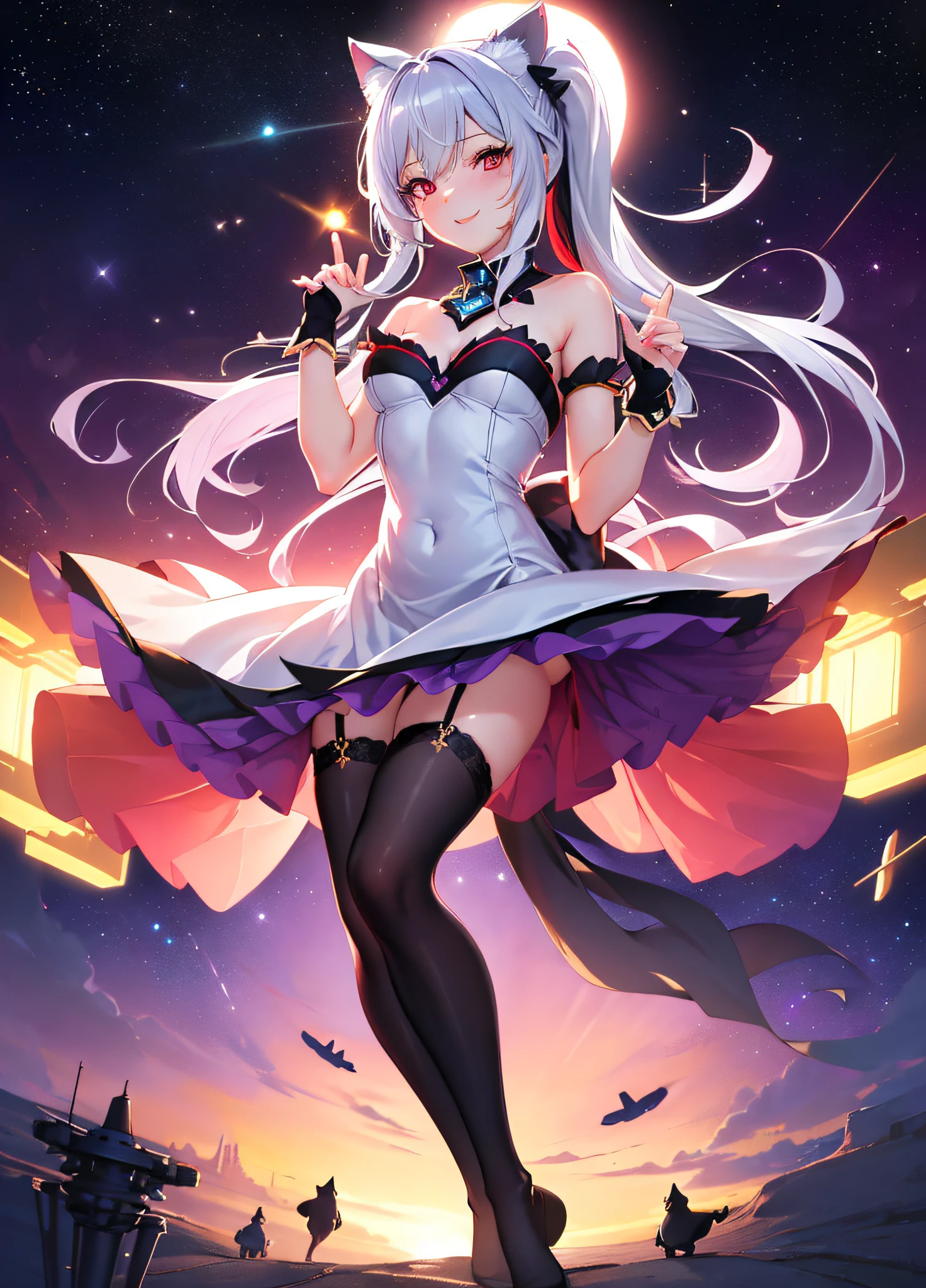 ((Masterpiece)), ((Best Image Quality)), Best Shadow, Very Delicate and Beautiful, Dynamic Angles, Fineness of Detail, Depth of Field, 1girl, ((High Ponytail)), Silver _hair, ((Multicolored Hair: 1.25), (Long Hair: 1.2), (Red Eyes: 1.3), Detailed Hands, Detailed Legs, ((Floating in the Air: 1.3)), (Sexy Pose), (Goddess Dress: 1.5), full body, seductive, (cat ears), light smile, ((in space)), (moonlight), twinkling stars, night, outdoor, starry sky, beautiful, ((black stockings)), angel wings
