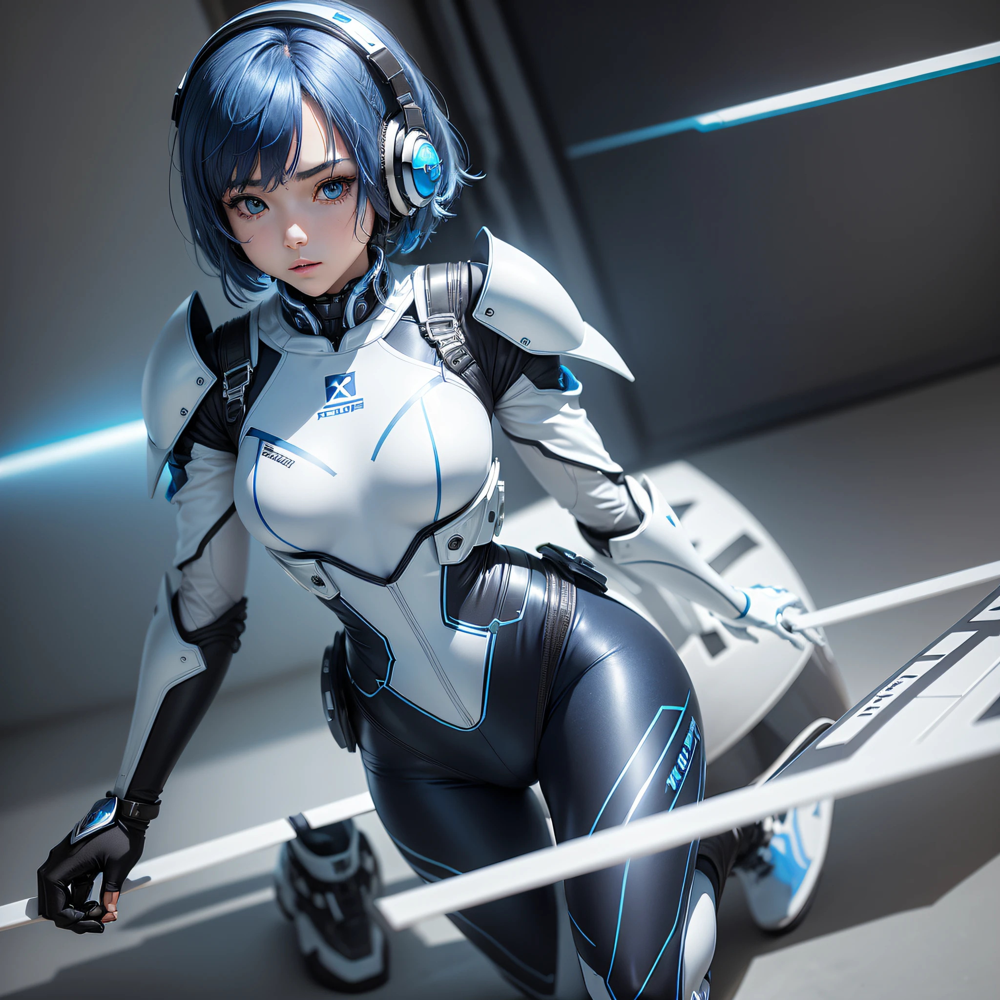 (masterpiece, highest quality, highest resolution, distinct_image, detailed details): (Solo, lone girl, face is Japan, blue-haired girl, short cut, full body figure, small size breasts, sparkling blue color eyes, metallic tone white and blue, pilot suit in black color, tight fit clothes, clothes covering the whole body, beauty, slim body, exoskeleton, sexy pose, White and blue and black metal armor, heroine, headset, boots)