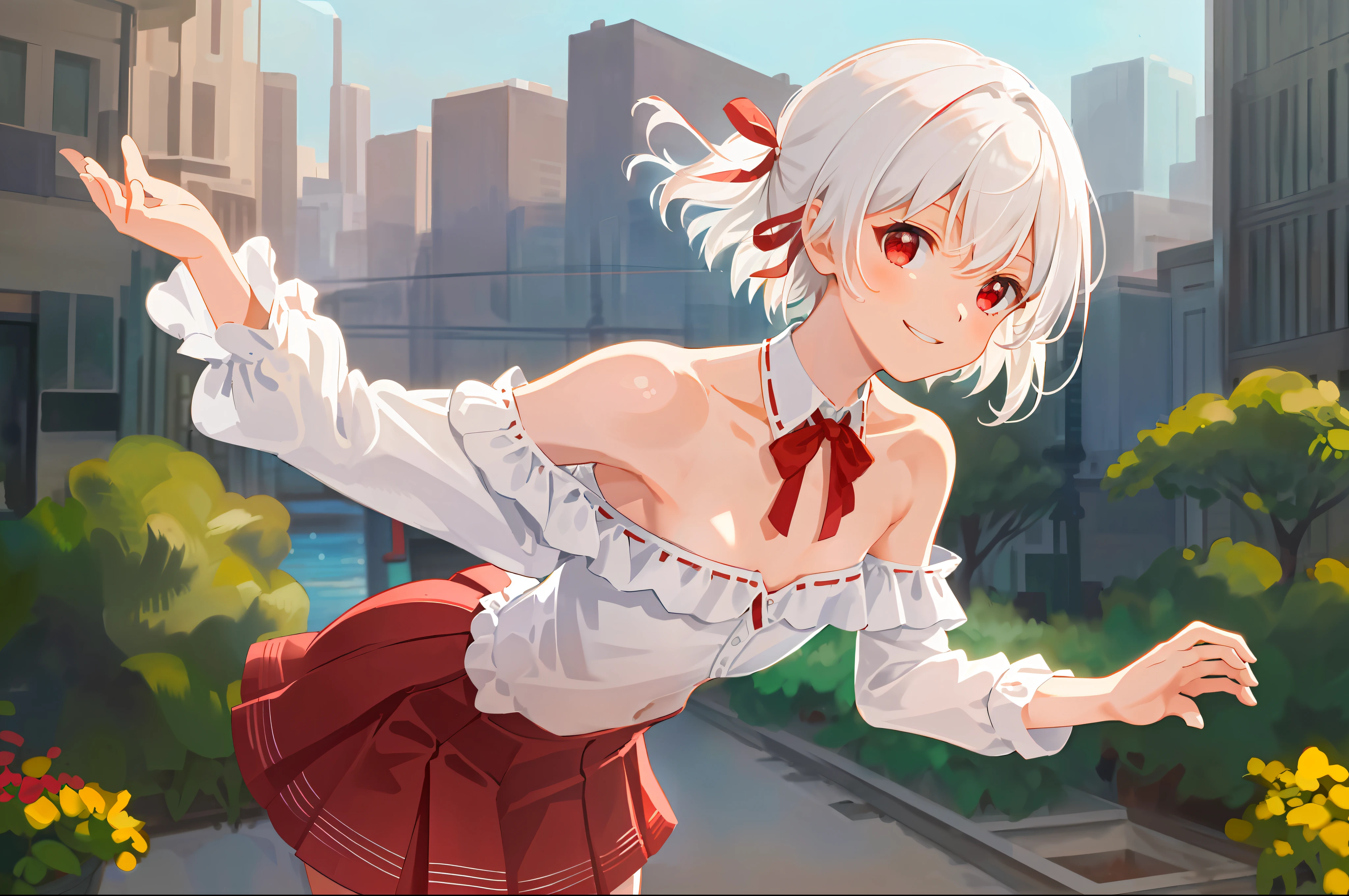 masterpiece, best quality,1girl, solo, bangs, left hair ribbon, (small breasts:1.4), red eyes, short hair, smile, solo, white hair, (Strapless:1.1), (off-the-shoulder:1.1), (cowboy shot:1.2), city, (uniform:1.2), (partially_unbuttoned:1.1), (Externally expanded Chest:1.2), skirt, (bent over:1.2),