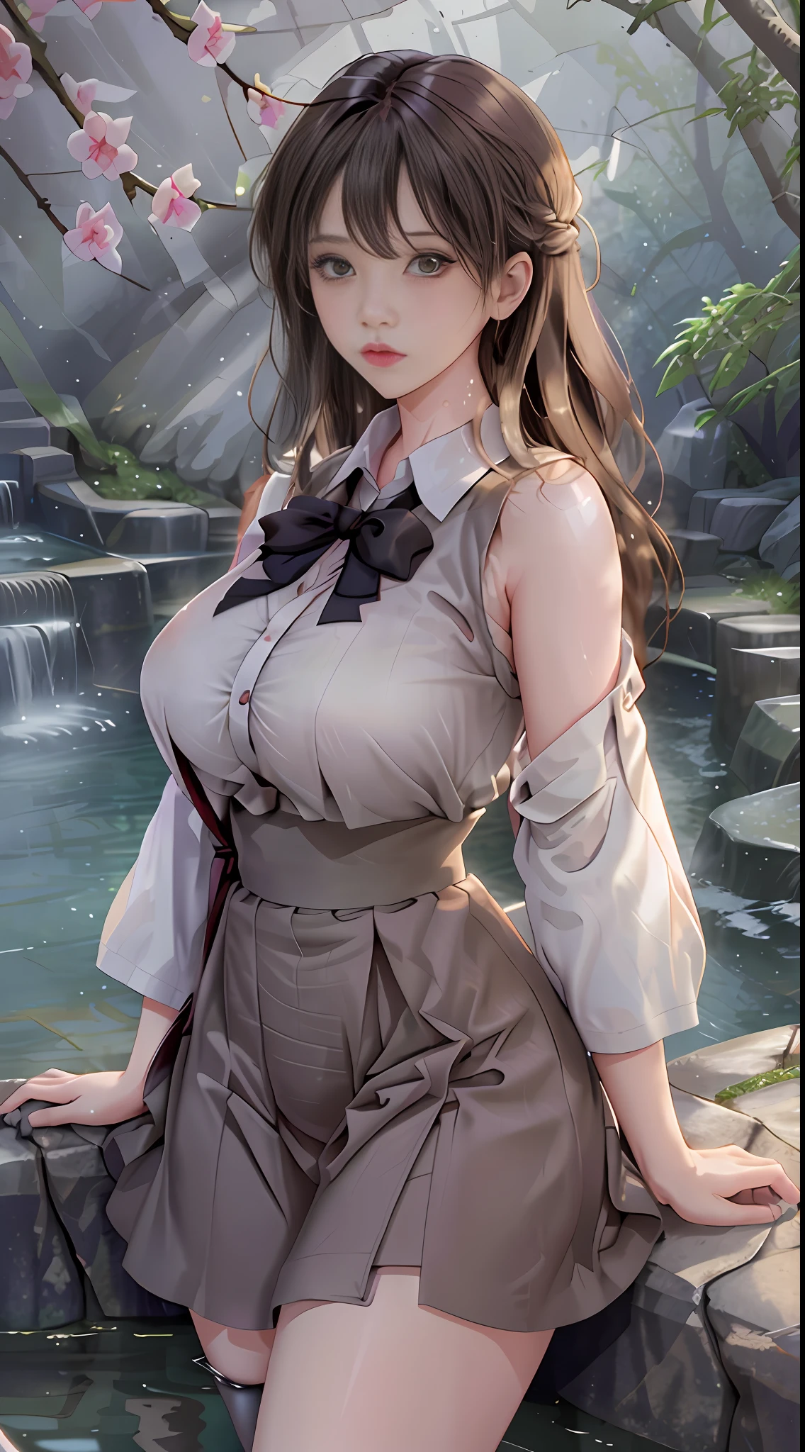 Best quality, masterpiece, super high resolution, a super model soaking in a hot spring in Japan, outdoor hot spring, stone hot spring, surrounded by moss and trees, super beautiful face, pure body, no makeup, pores are clearly visible, big breasts, wide buttocks, thin waist, (realism: 1.8), original photo, wet body, covered in sweat, bare shoulders, in the dark, deep shadow, low-key, cold light, long skirt, shirt, suspenders, stockings, yarn, tulle