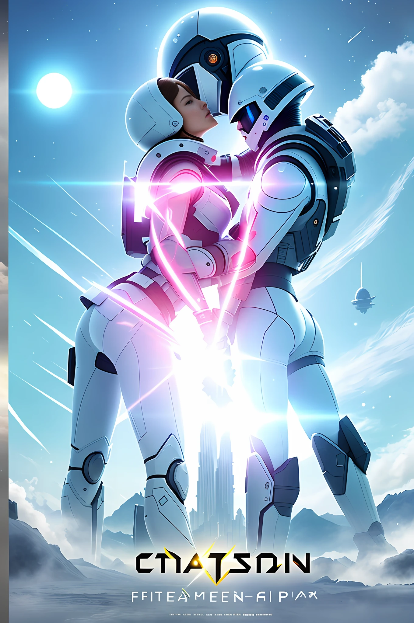 Posters, The Last Refuge, huge and influential images of spaceships landing on new planets, futuristic landscape in the background, spacecraft in focus, flash lights and smoke from engines, two humanoids and two alien humanoids, looking at each other, hugging, symbolizing the union between races, all dressed in futuristic clothes and space gear, conveying a sense of advanced technology, the title "The Last Sanctuary" in the grand-futuristic letters at the top, A short and punching tagline sums up the film's theme so that as "Building a Better Future Together," a palette based on shades of blue and white conveys a sense of space and futurism, while also using shades of red and yellow to highlight the importance of action and mission, an impactful image that captures the alliance between two races in search of a new home, conveying a message of hope and determination for a better future.