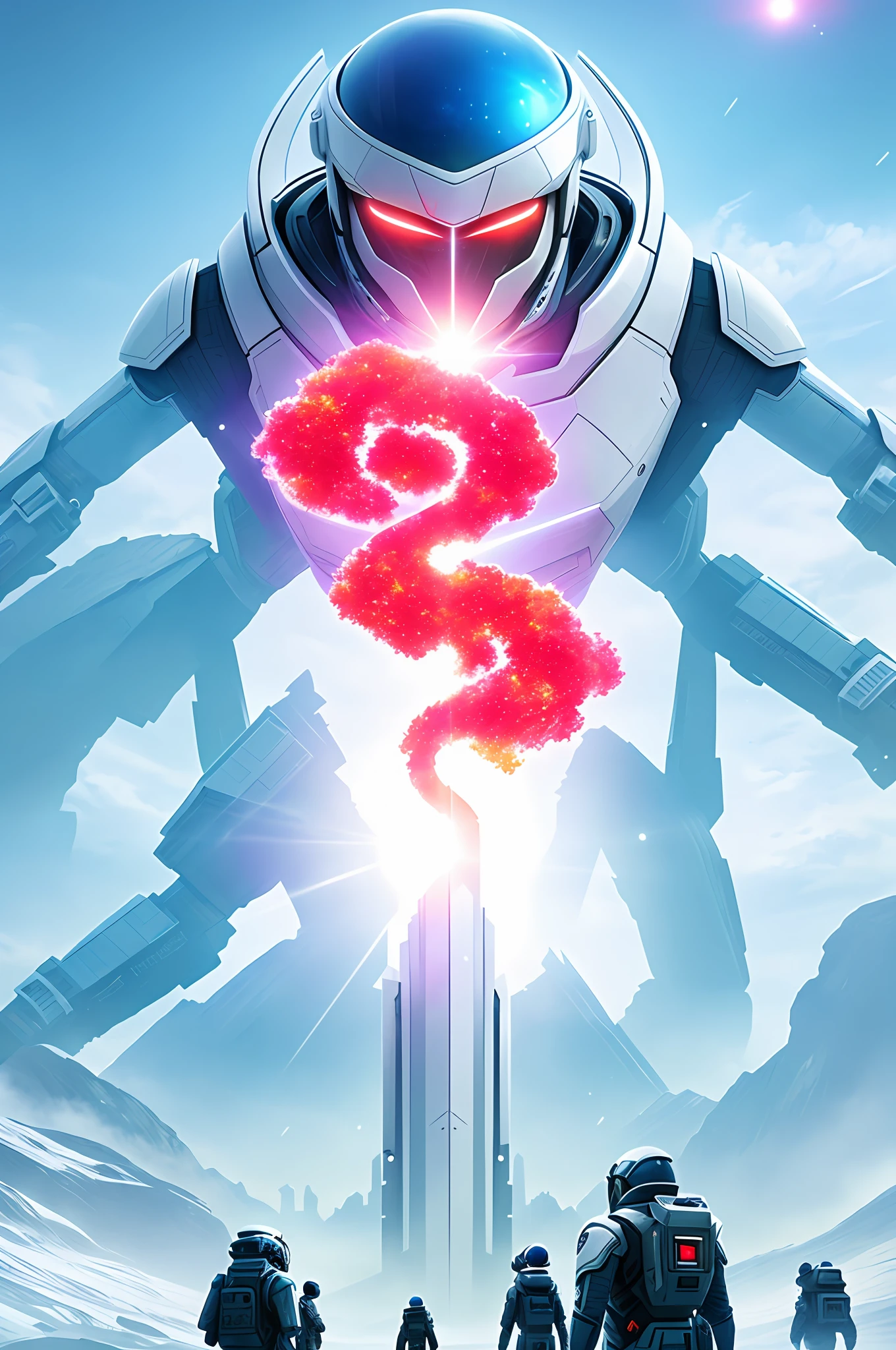 Posters, The Last Refuge, huge and influential images of spaceships landing on new planets, futuristic landscape in the background, spacecraft in focus, flash lights and smoke from engines, two humanoids and two alien humanoids, looking at each other, hugging, symbolizing the union between races, all dressed in futuristic clothes and space gear, conveying a sense of advanced technology, the title "The Last Sanctuary" in the grand-futuristic letters at the top, A short and punching tagline sums up the film's theme so that as "Building a Better Future Together," a palette based on shades of blue and white conveys a sense of space and futurism, while also using shades of red and yellow to highlight the importance of action and mission, an impactful image that captures the alliance between two races in search of a new home, conveying a message of hope and determination for a better future.