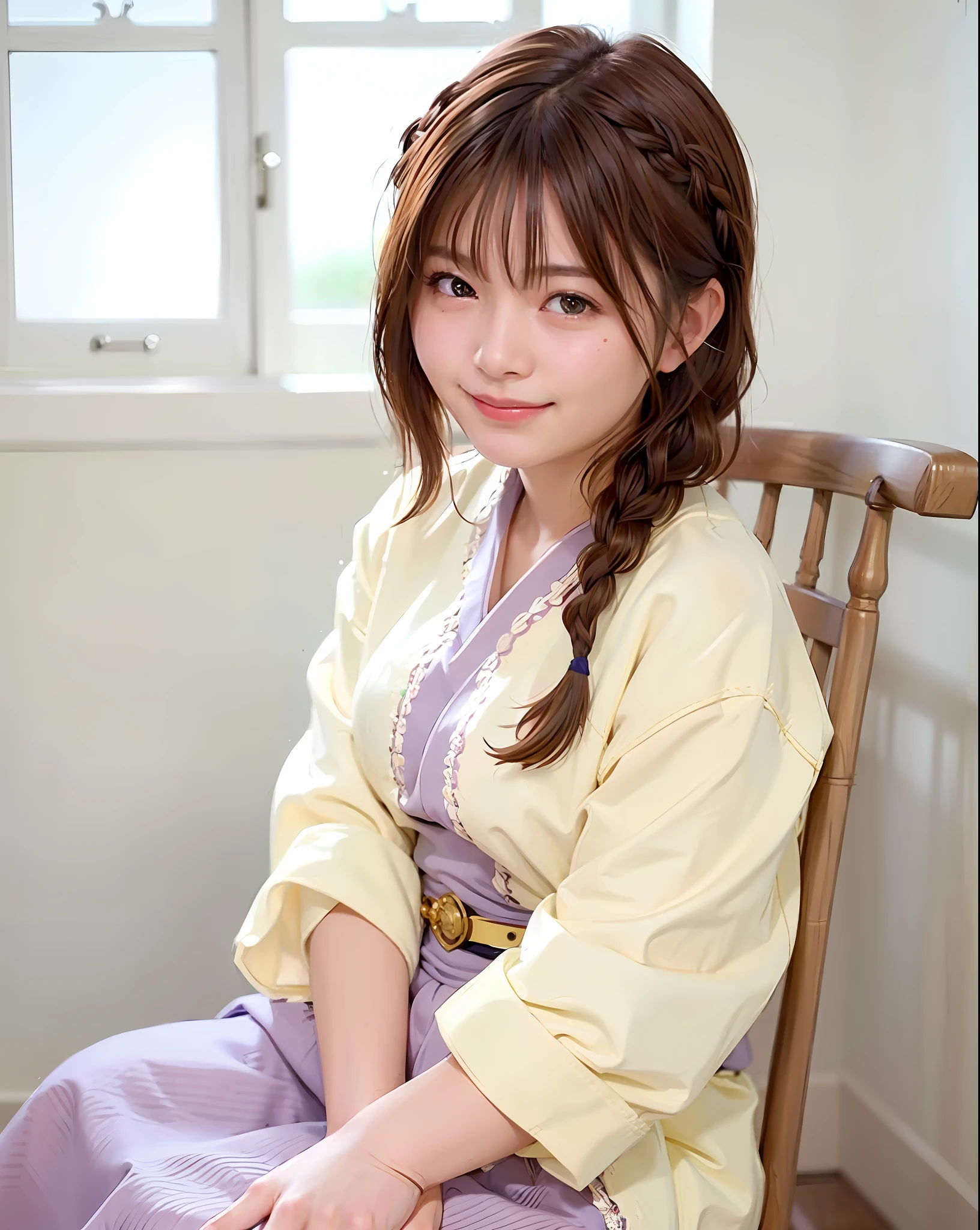 Top Quality, Face Focus, Soft Light, (Depth of Field), Ultra High Resolution, (Photorealistic: 1.4), RAW Photo, (Portrait: 1.4), (Frontal) 1 Japan Girl, Solo, Cute, (Shy, Smile: 1.1), (Brown Eyes), Detailed Beautiful Face, (Short Hair), Japanese Room (Silk Kimono: 1.4), Brown Hair, Floating Hair, (((Braided Hair))