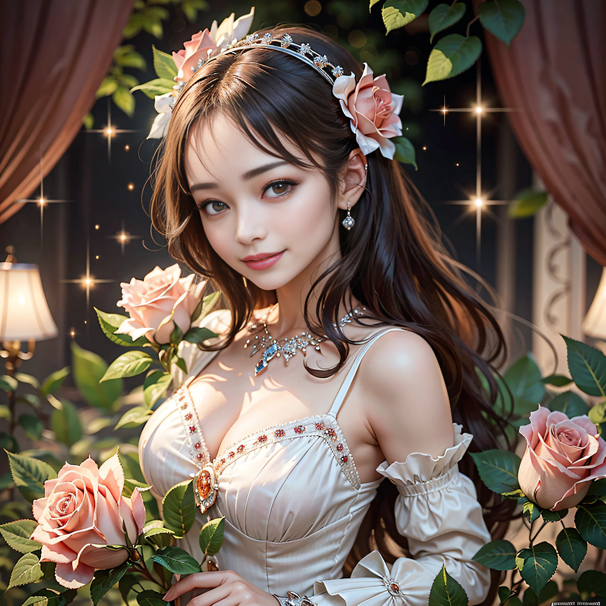 (very pretty woman), happy smile, lovely, gorgeous diamonds are so attractive, lots of roses, beautiful roses, diamond sparkles, wonderful, pure love, love, very real and wonderful details, wonderfully beautiful details, very eyes Amazing dress, affection, beautiful scenery, ((full of beautiful diamonds and roses)), dazzling light, unrealistic, fairy tale, fantasy, top quality, ultra high definition, ultra fine detail (Ultra High Definition: 1.4), Professional Photography, Raw Images, (Realistic, Photorealistic: 1.37),