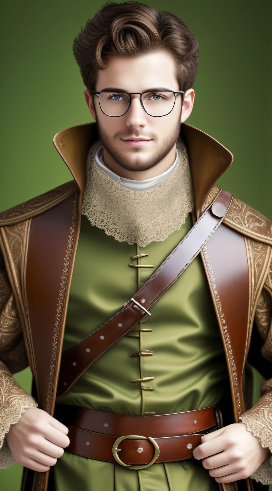 (realistic oil art, waist-deep image, young 20-year-old man, Caucasian, brown hair, thin beard, discreet glasses), Renaissance inventor's costume, medieval clothing, green, brown, black, utility belt, critical camera, blurred background, warm light, more details in clothing, strong leftovers, creative pose