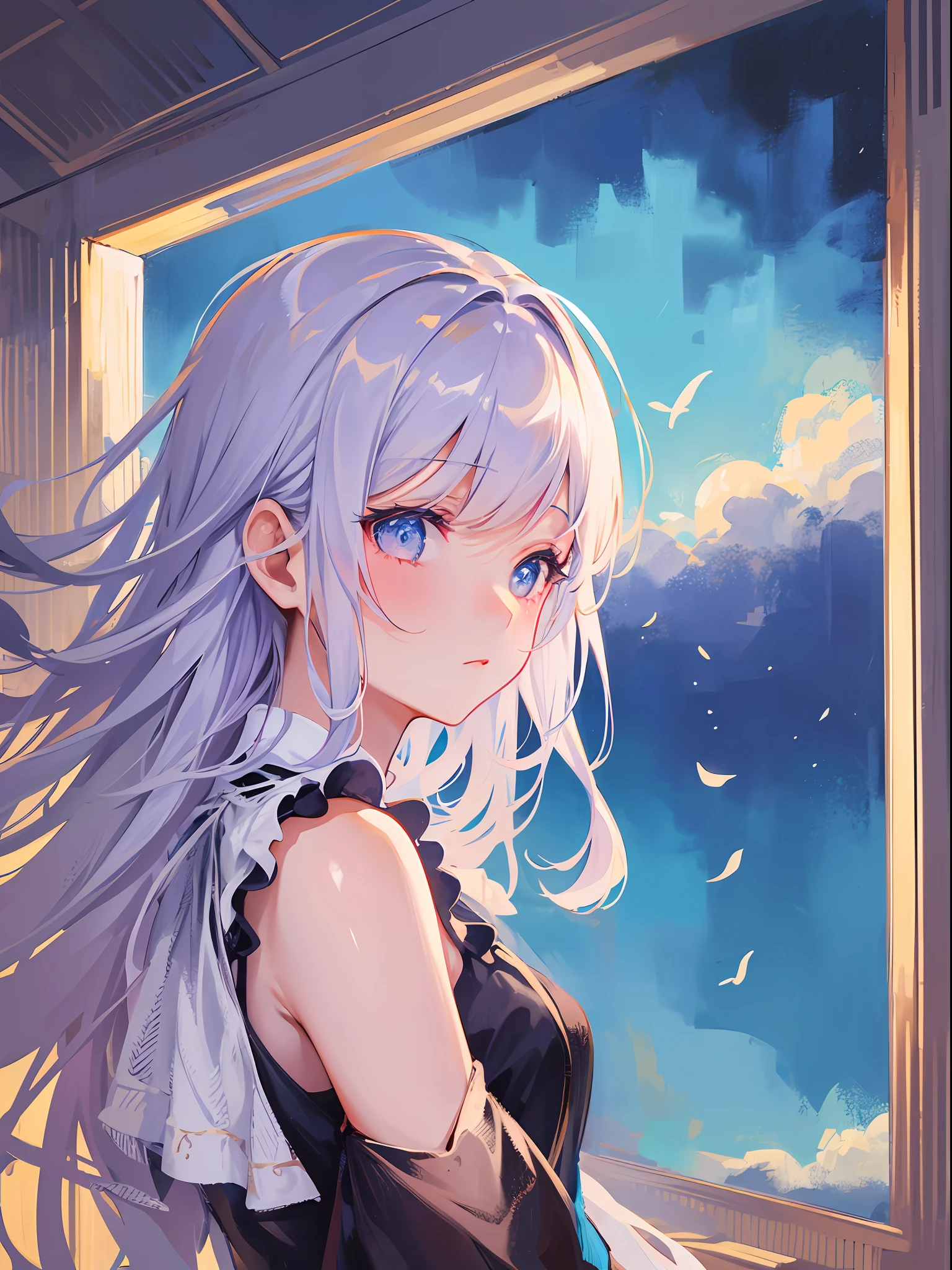 medium full shot, girl, beautiful, (masterpiece:1.2), looking away, windy hair,