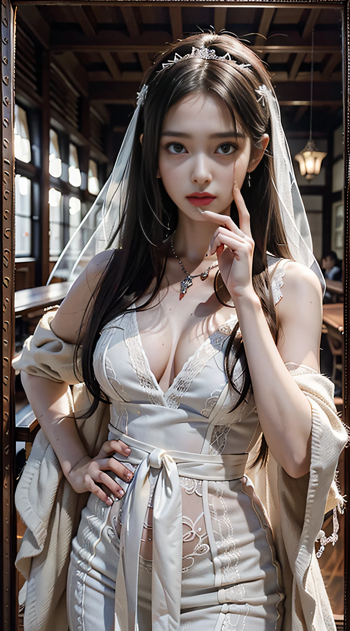 Best quality, masterpiece, antique bride, eerie, thriller, dim, dark, despair, pity, pitiful, movie, tears, teardrops, slim body, oversized bust, slim girl model, 24 year old female model,