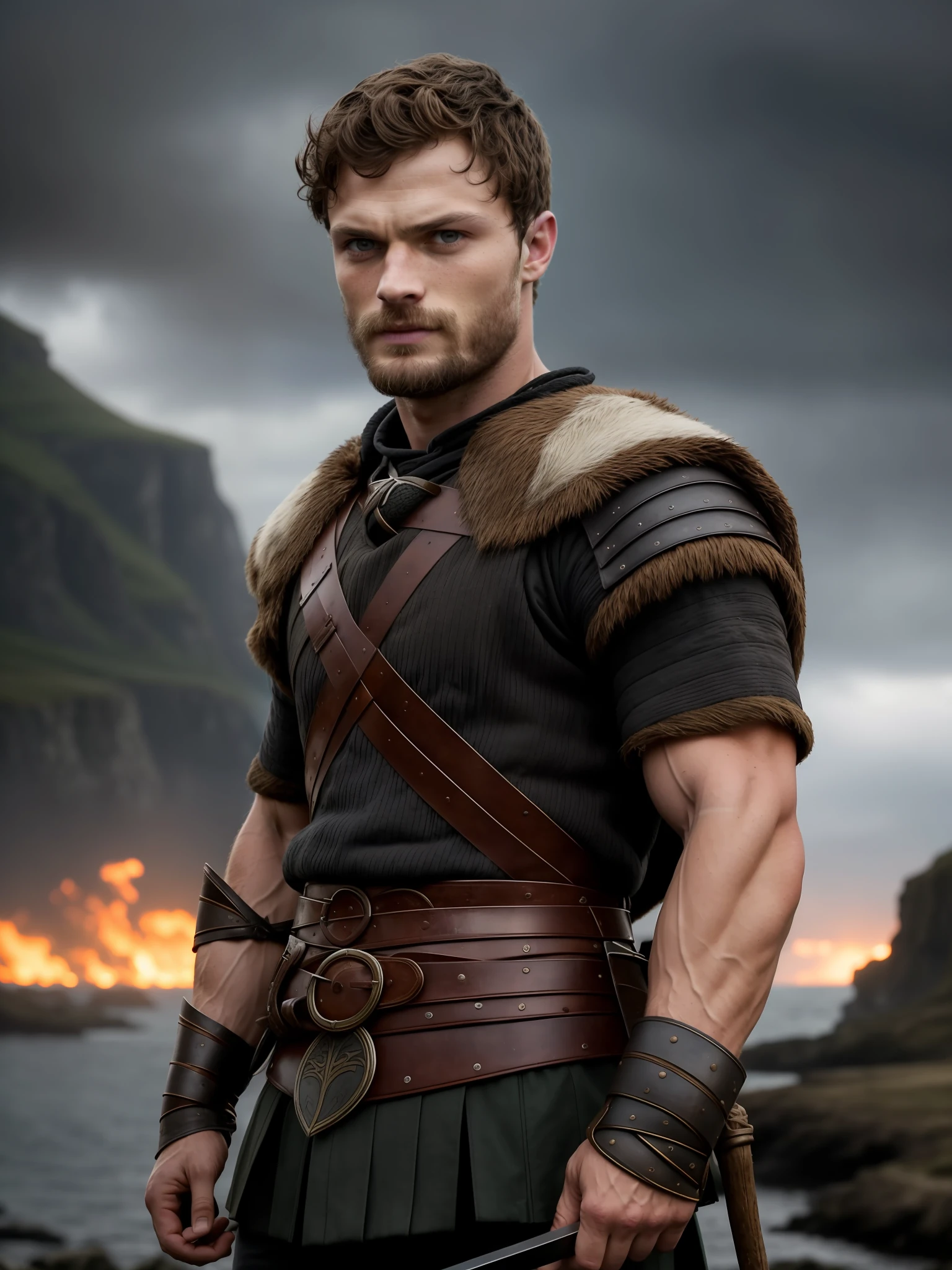 Portrait of a young Viking warrior, Jamie Dornan, very handsome and attractive, strong and muscular, short dark hair, tan, dark beard, 8k resolution, best quality, similar to actor Jamie Dornan, standing in front of a burning village, cliffs, closeup, attack pose and attitude.