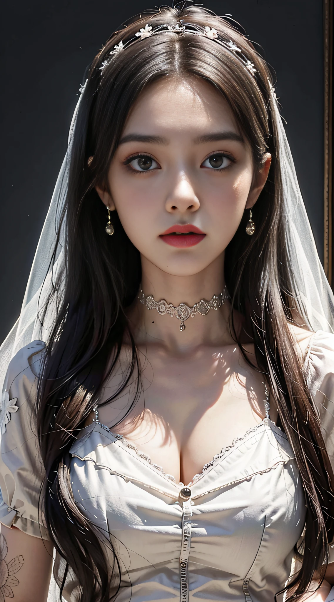Best quality, masterpiece, antique bride, eerie, thriller, dim, dark, despair, pity, pitiful, movie, tears, teardrops, slim body, oversized bust, slim girl model, 24 year old female model,