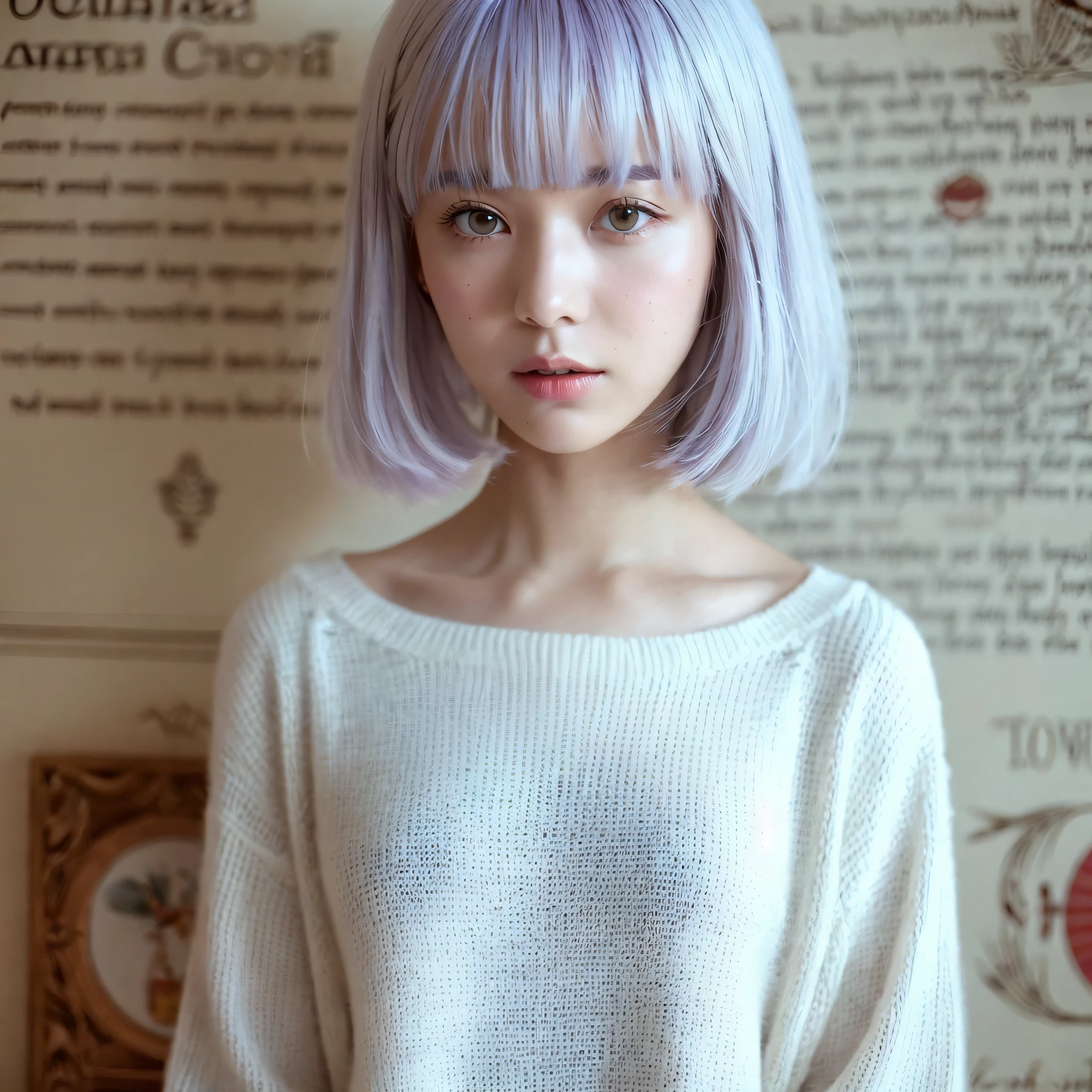 À la Fed woman with white summer knit and purple hair posing for photo, Japan girl, 20 year old girl, Japan 20 year old girl, short white hair, white bangs, short hair with bangs, white princess cut hairstyle, white french bob, white French bob hairstyle, short bob white hair, white bob cut hair, white bangs of hair, girl silver hair, real life girl, white short hair, Realistic skin 30k, real human 30k, beautiful photo, girl with Leonardo da Vinci manuscript in background, human girl with Leonardo da Vinci notebook in background, cute girl, --auto --s2
