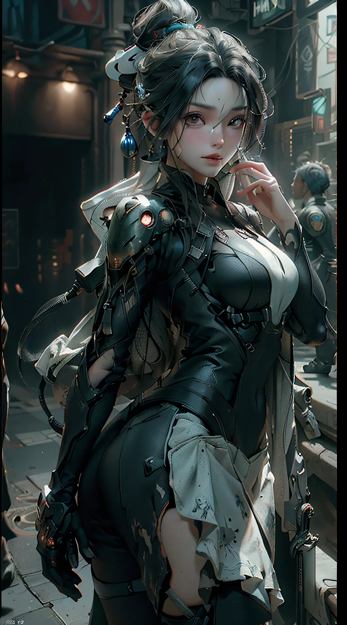 ((Best quality)), ((masterpiece)), (detailed:1.4), 3D, an image of a beautiful cyberpunk female,HDR (High Dynamic Range),Ray Tracing,NVIDIA RTX,Super-Resolution,Unreal 5,Subsurface scattering,PBR Texturing,Post-processing,Anisotropic Filtering,Depth-of-field,Maximum clarity and sharpness,Multi-layered textures,Albedo and Specular maps,Surface shading,Accurate simulation of light-material interaction,Perfect proportions,Octane Render,Two-tone lighting,Wide aperture,Low ISO,White balance,Rule of thirds,8K RAW,
