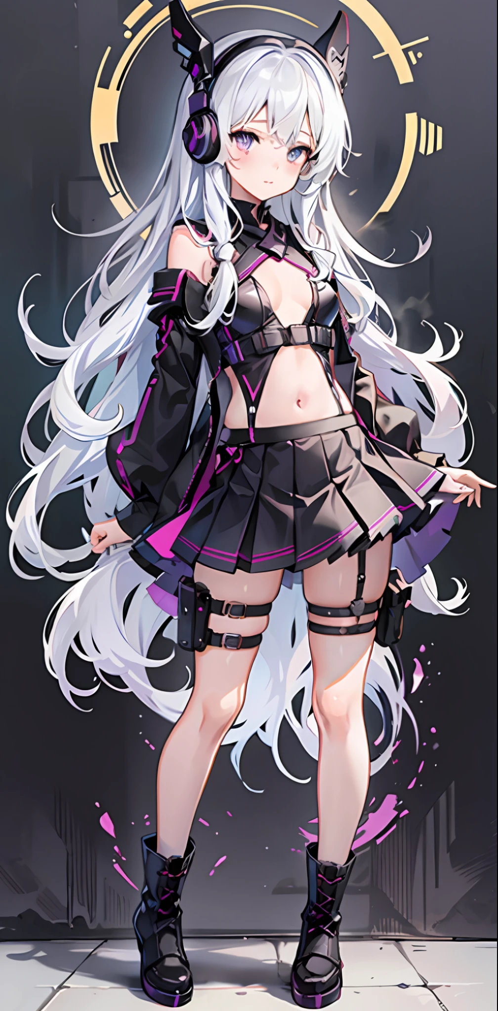 {{illustration}},{{{masterpiece}}}},{{best quality}},{{official art}},{extremely detailed CG unity 8k wallpaper}}},{{artbook}}},1girl, white hair, white purple eyes, all black clothes, long hair, dead white, tactical vest, headphones, cute face, solo , face, solo, illustration, navel, erotic clothing, lolie, pleated skirt, standing painting, full body, black boots, small and medium breasts, standing, dynamic pose, full body in pictures, lace-up panties, cute girly, slim figure, black silk, character setting chart, reference sheet, tachi-e, manga cover, official art, original, sexy, good body