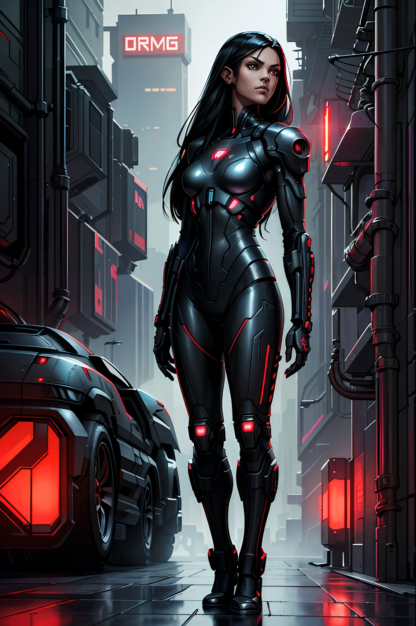 (cyberpunk by emb-rrf2:1.0),(highly detailed:1.2),(best quality:1.2),(8k:1.2),sharp focus,(subsurface scattering:1.1),award-winning photography,profile (cyberpunk heroine: 1.2), neon glow, centered face, Zoe Saldana's face, brown eyes, (((full body shot:1.1)) (standing in a futuristic spaceport: 1.3), ((long black hair: 1.1)), ( red cyberpunk combat suit), (very detailed background:1.2),(sci-fi:1.0), (knollingcase:1.0),(dreamlikeart:1.1), dramatic lighting