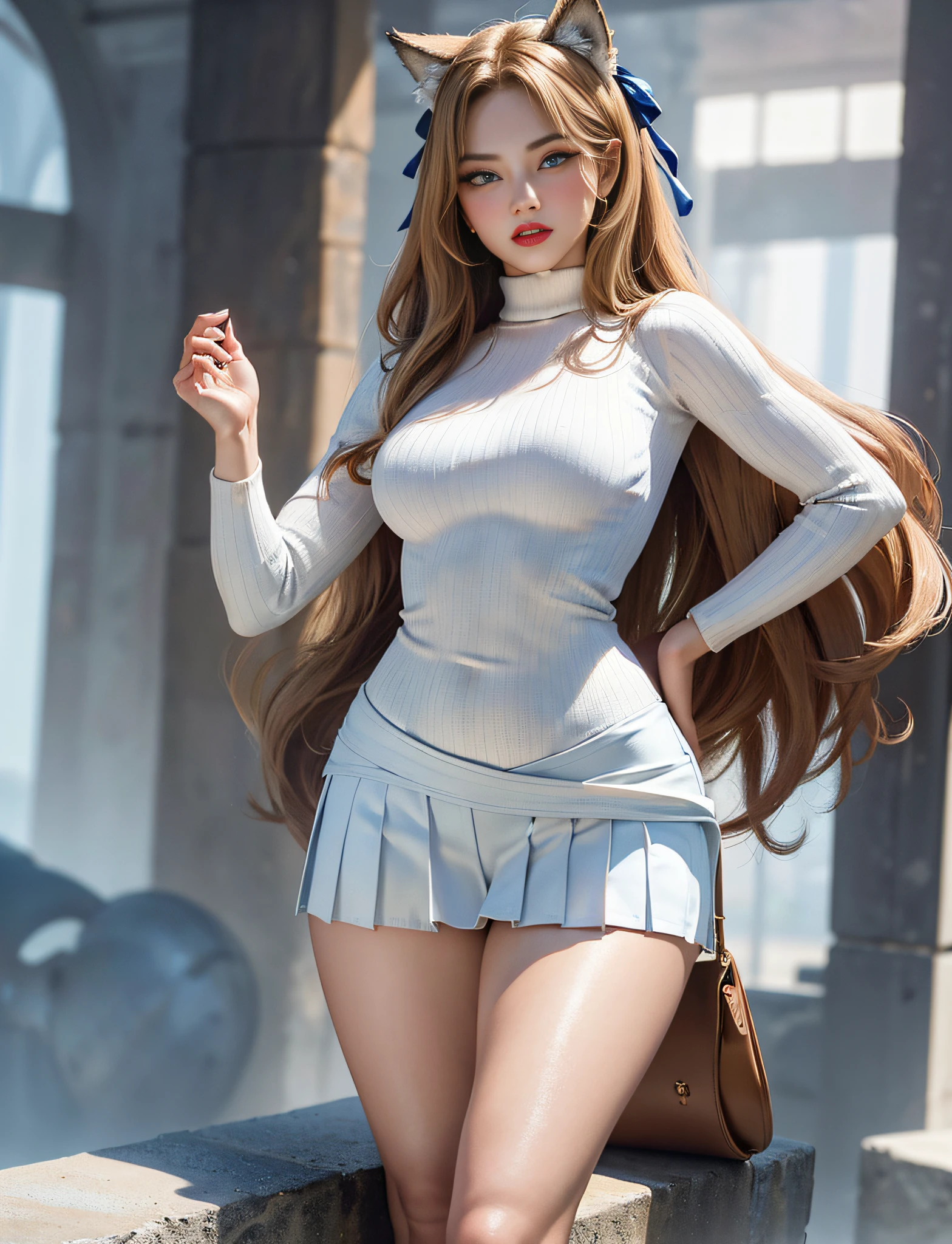 (very detailed RAW color photo), (1 woman), (alone), (38 years), (athletic), (very defined toned physique), (very defined and beautiful muscular body), (very detailed perfect body), (small and defined breasts), (ultra defined curves), (superior quality, 8k, masterpiece: 1.3), (sharp focus: 1.2), (extremely beautiful girl with perfect figure: 1.4), (very thin waist: 1.2), (ultra detailed skin texture),  (perfect and beautiful hands), (smooth and soft skin), (ultra detailed fabric texture), (extremely beautiful ultra detailed face), (turned and perfect butt), (she is wearing a white summer sweater, a pleated denim skirt and military ankle boots), (extremely long curly blonde hair), (extra long mane with bangs), (very detailed and beautiful wolf ears),  (hair on face), (hair ribbon), dynamic pose, (uniform leaves thighs exposed), (ultra detailed and toned legs), ((very wide hips)), ((very thick and toned thighs)), (sexy), ((extreme hourglass figure)), ((very thick heart lips)), ((red lipstick)), ((blue eyes)), ((angry look)), (blush), (makeup), (ultra-defined waist), eye shadow,  (full body shot), with the pyramids of Giza in the background