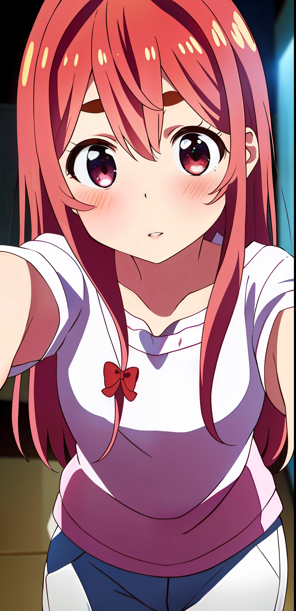 (masterpiece), (best quality), sumi_sakurasawa, 1girl, solo, long_hair, looking_at_viewer, blush, bangs, red_eyes, bow, hair_between_eyes, collarbone, upper_body, braid, hair_bow, red_hair, parted_lips, serafuku, thick_eyebrows, selfie, pink shirt, tight short pants, blushing, blurred background, selfie, medium breast, shy, night, kissing the screen