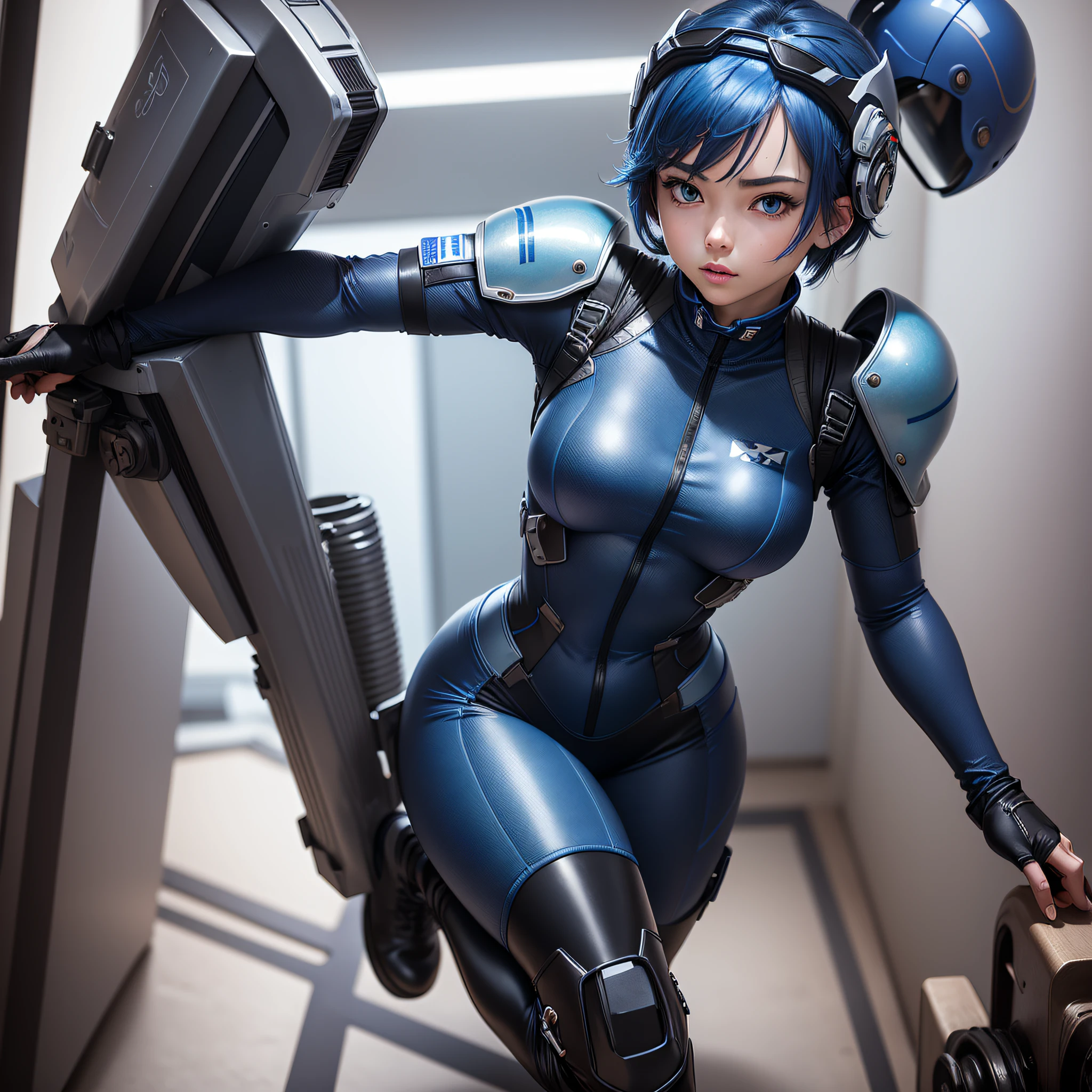 (masterpiece, highest quality, highest resolution, distinct_image, detailed details): (Solo, lone girl, face is Japan, blue haired girl, short cut, full body figure, small size breasts, sparkling blue colored eyes, metallic tone white and blue, pilot suit in black color, tight fit clothes, clothes covering the whole body, beauty, slim body, exoskeleton, sexy pose, heroine, Full face helmet, knee boots)